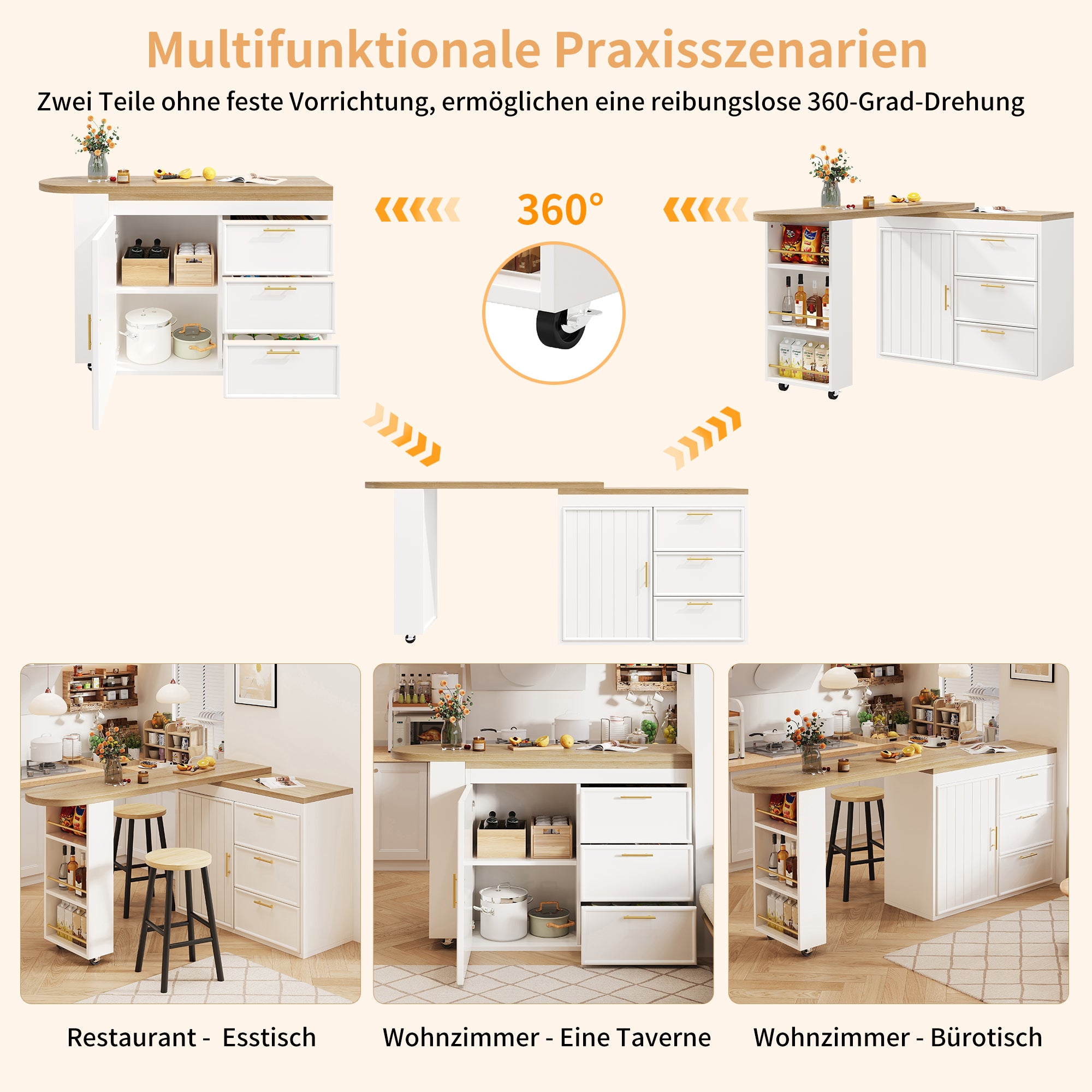 Bar Table with 360° Swivel, 3 Drawers and Storage Shelves, White