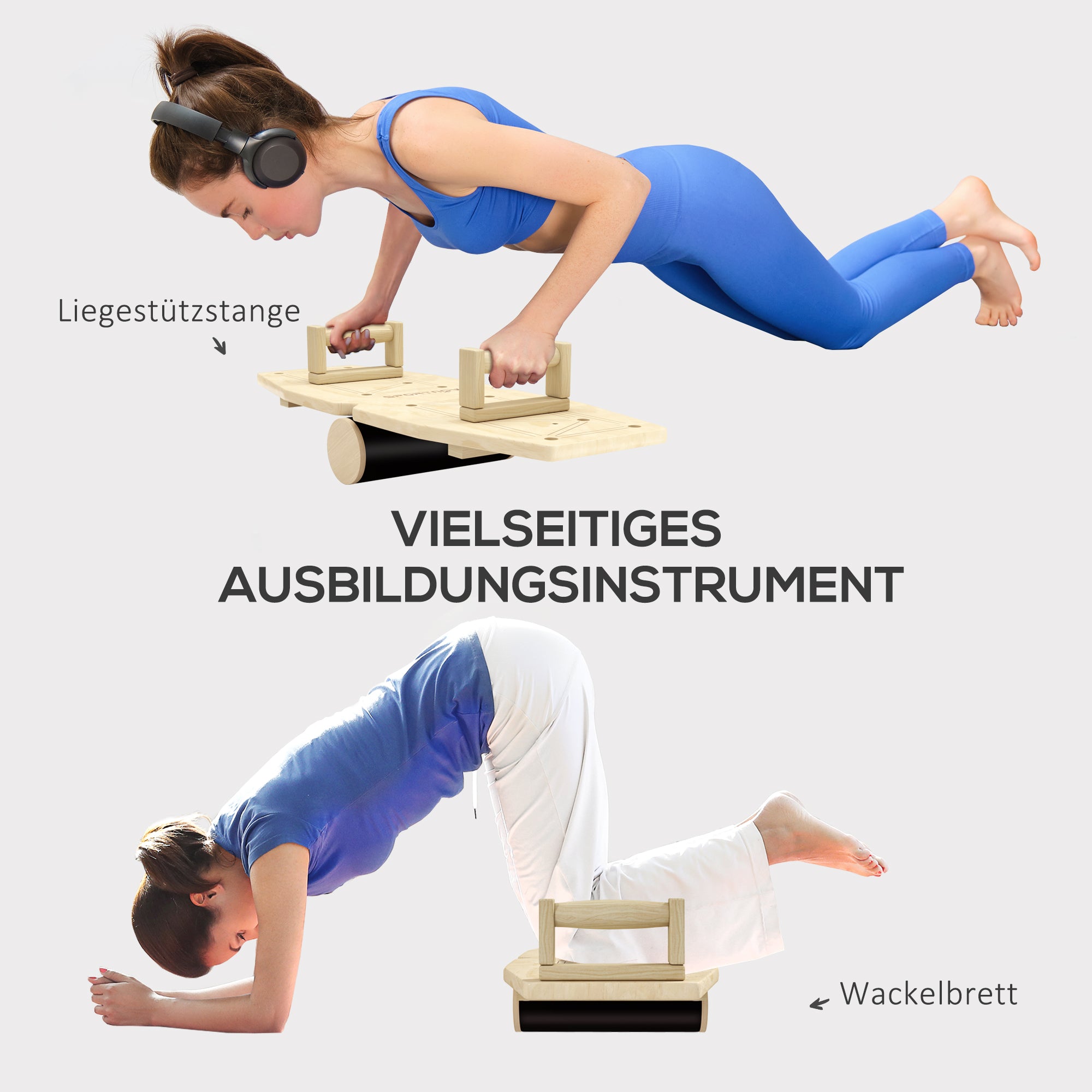 Wooden Push-Up Bars 8-Hole Fitness Parallettes Resistance Bands, Natural