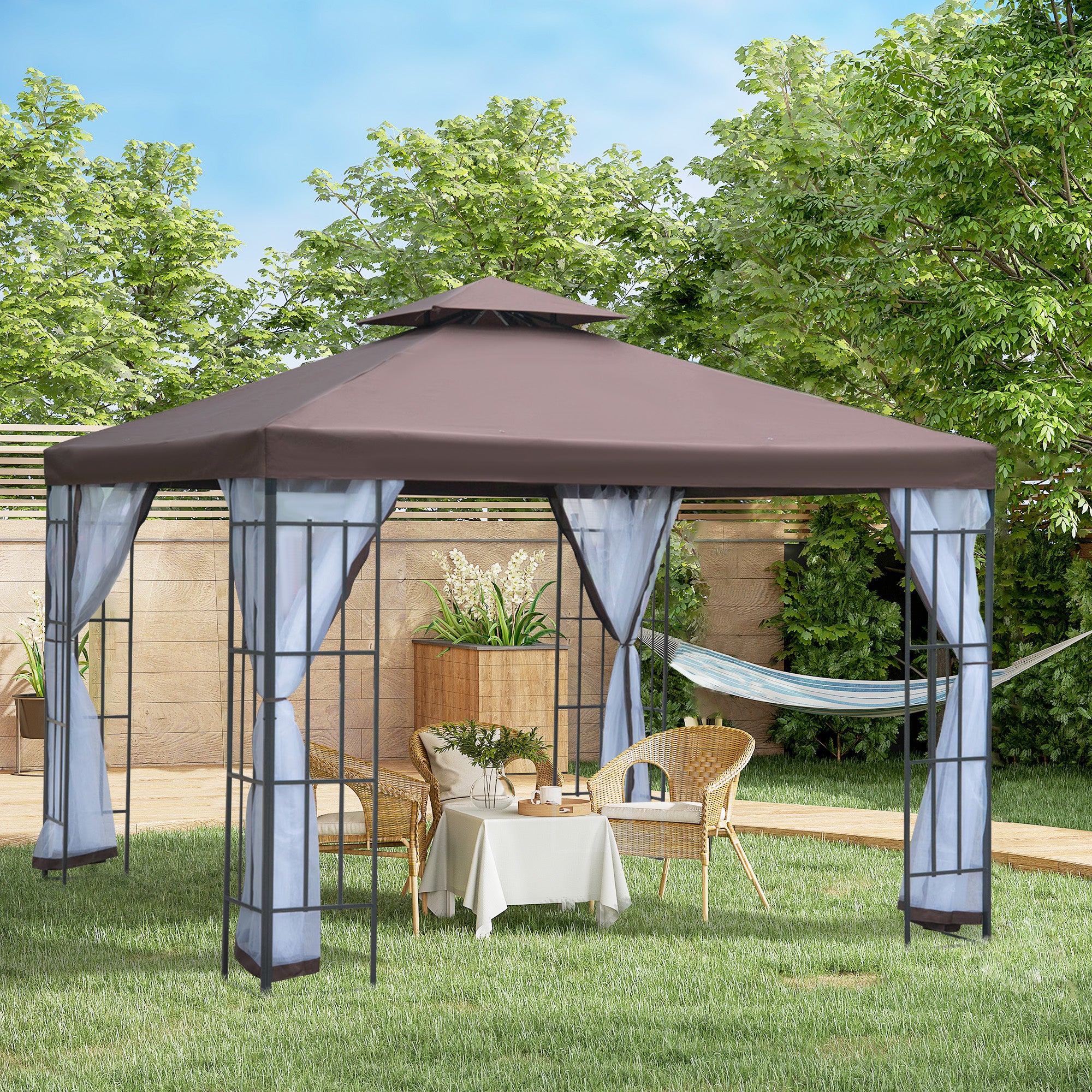 3x3m Patio Gazebo Canopy with 2-Tier Roof & Mosquito Netting, Steel Frame, Coffee