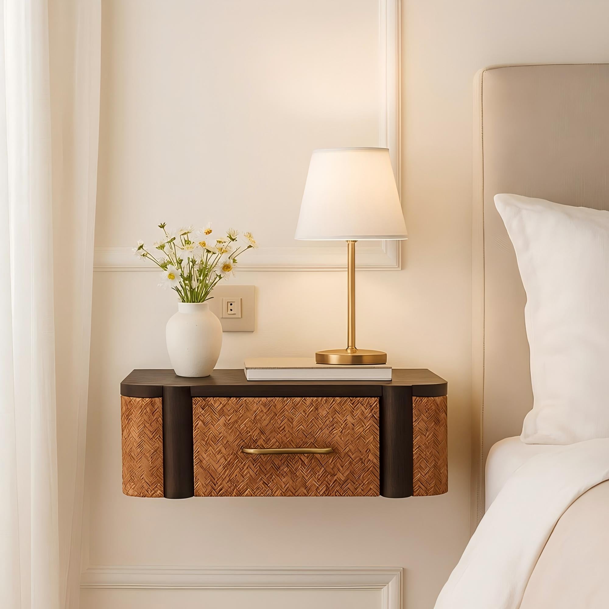 Solid Wood Rattan Curve Wall-Mounted Drawer, 1 Drawer, Dark Brown