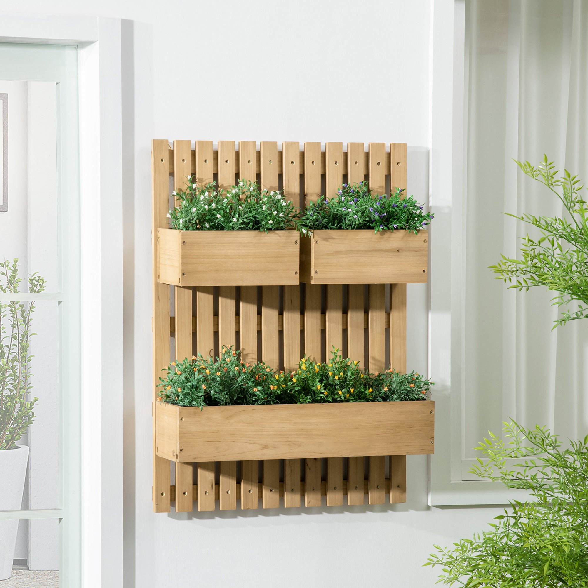 Wall-mounted Planters, Trellis, Drainage Holes, 3 Boxes, Wooden, Natural