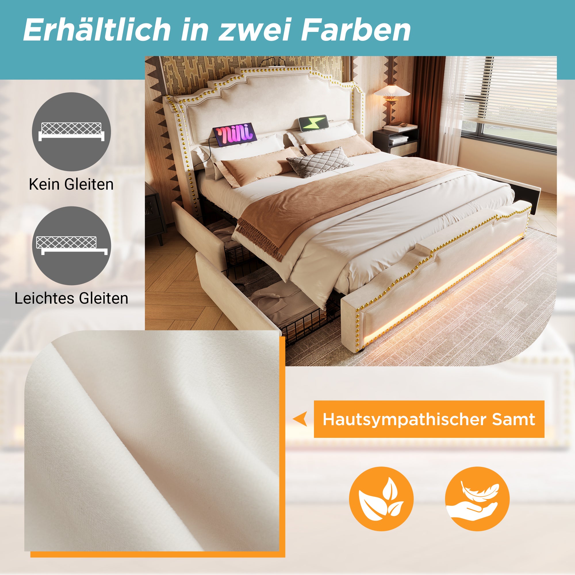 Upholstered Bed 140x200, Double with 4 Drawers, LED, USB-C, Velvet Beige