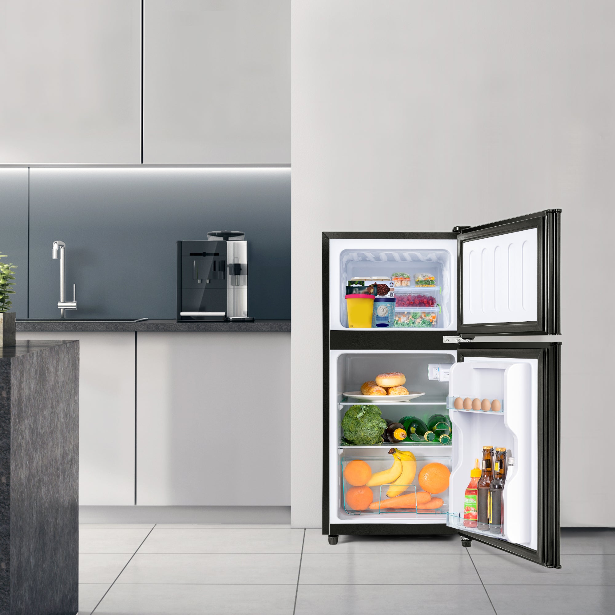 Fridge-freezer Double Door 60L Total Capacity, 86.8cm High, Premium Black
