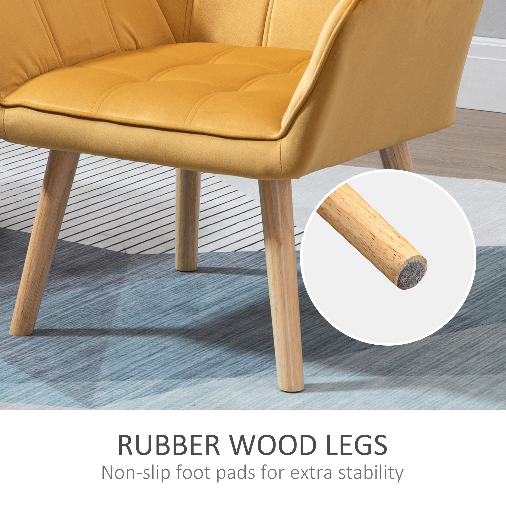 Modern Armchair, Accent Chair with Wide Arms, Slanted Back, Rubber Wood Legs, Yellow