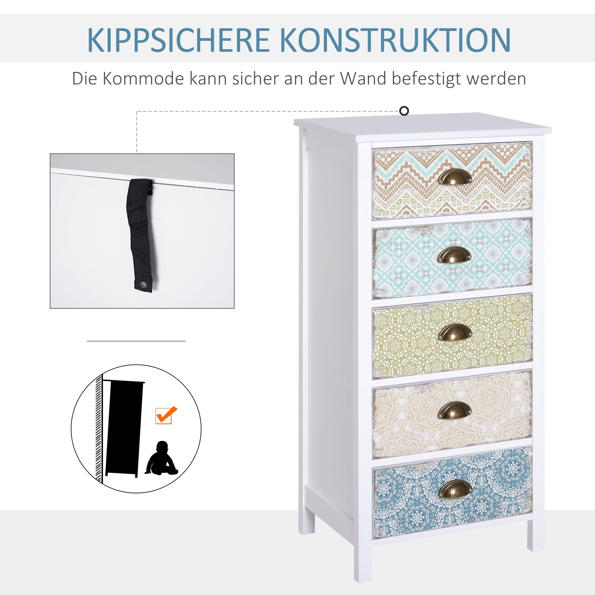 Chest of Drawers, 5 Drawers Anti-Tip, Colorful