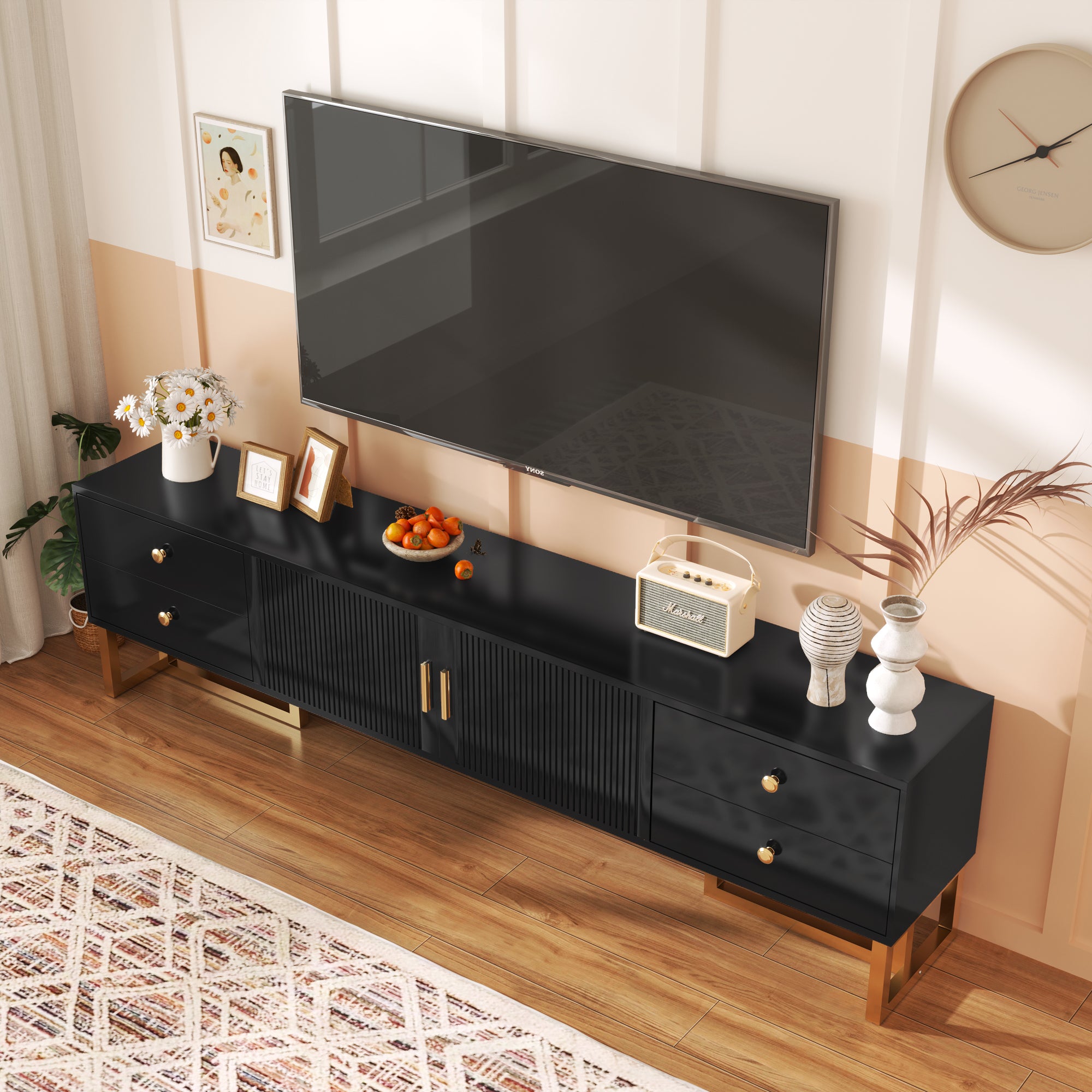 TV Cabinet, Low Panel Textured Door with Drawers, Gold Handles & Feet