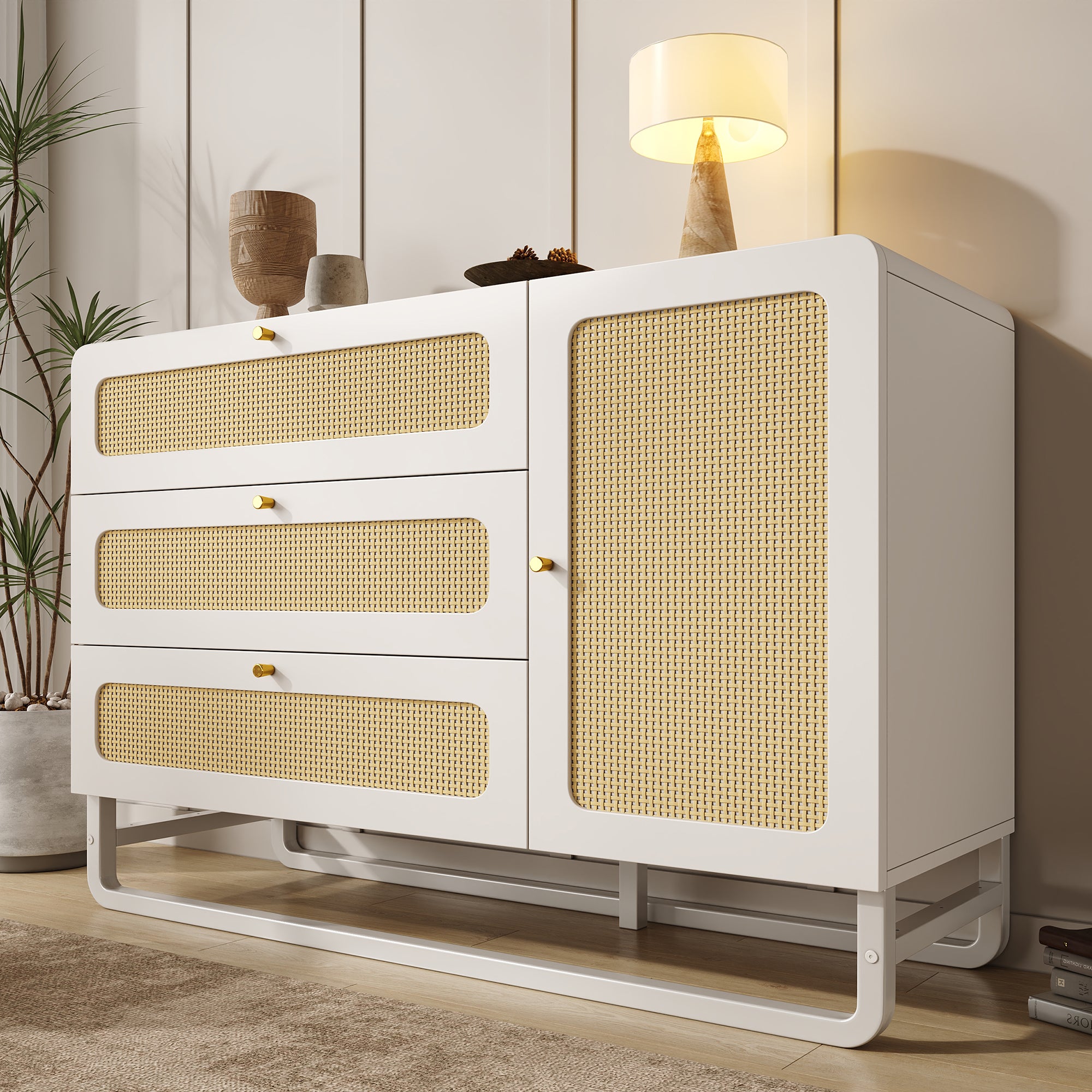 Chest of Drawers with Rattan & Gold Handles, 3 Drawers 1 Door, White Country Style