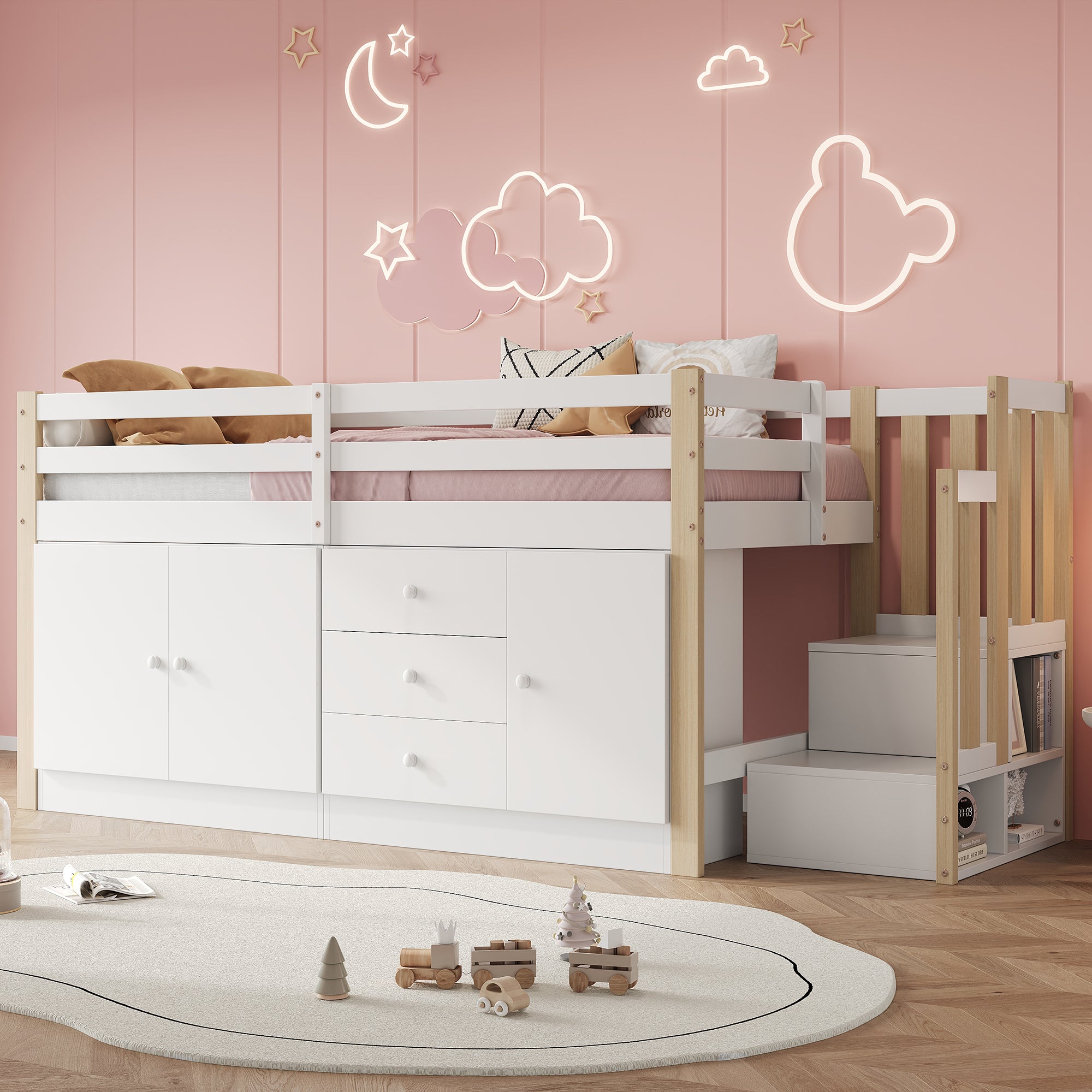 Children's Bed Multifunctional Single, Stairs, Drawers, Storage, White 90*200