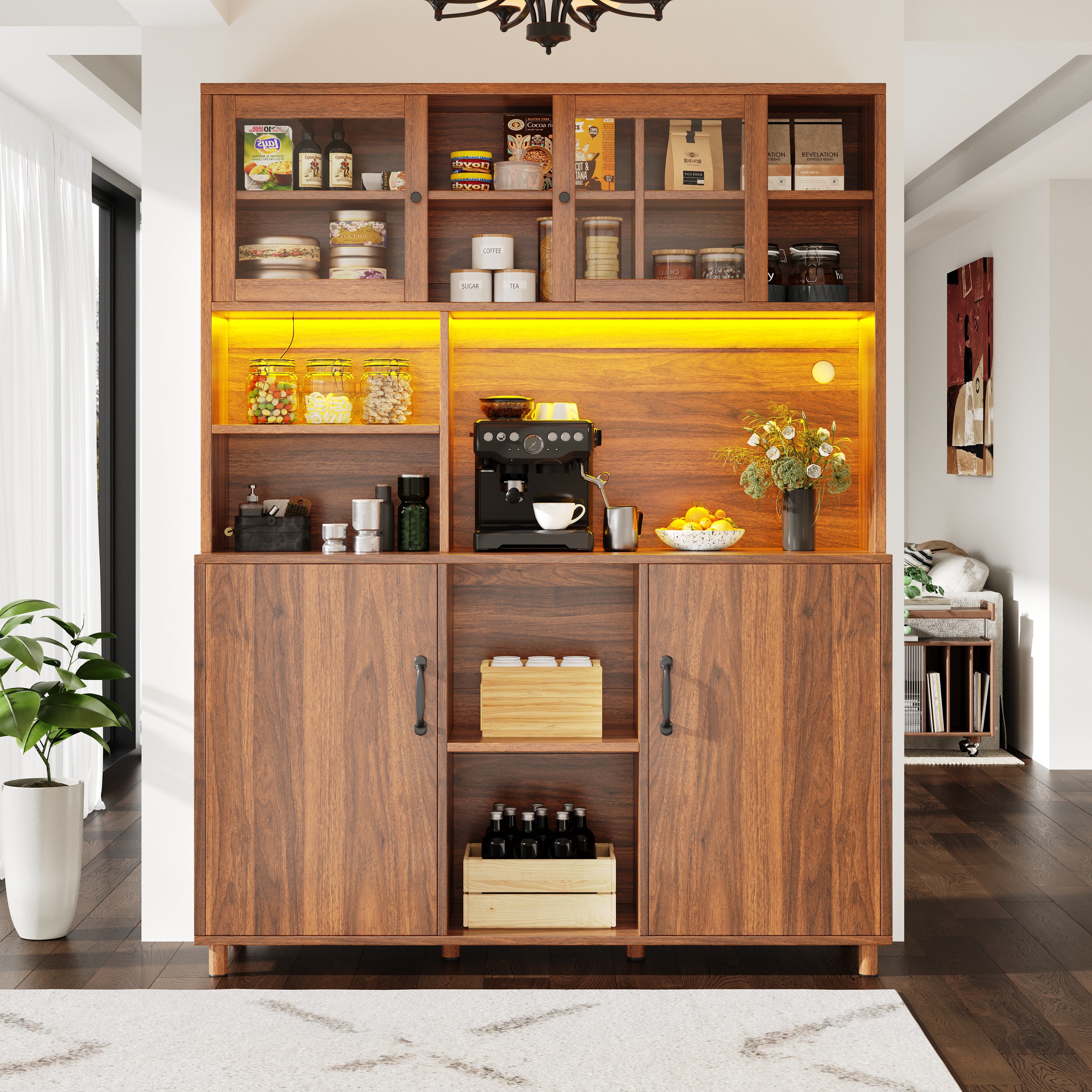 Tall Cabinet with LED Lighting, Snack Shelf, Retro - Walnut
