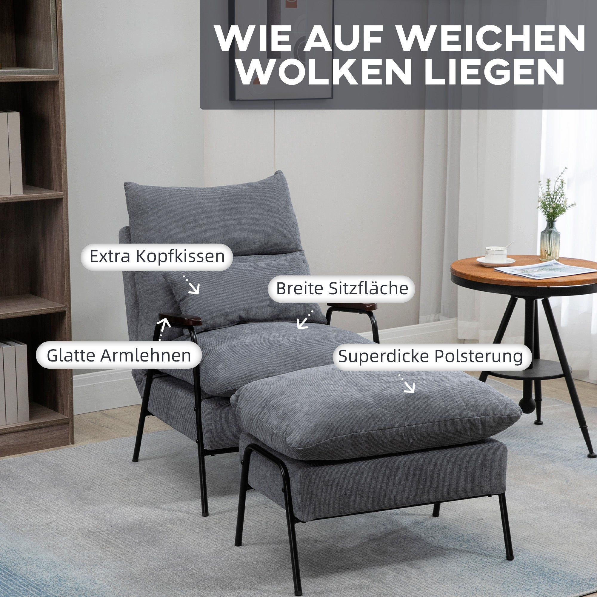 Reclining Armchair with Footstool, Adjustable Backrest Upholstered, Grey