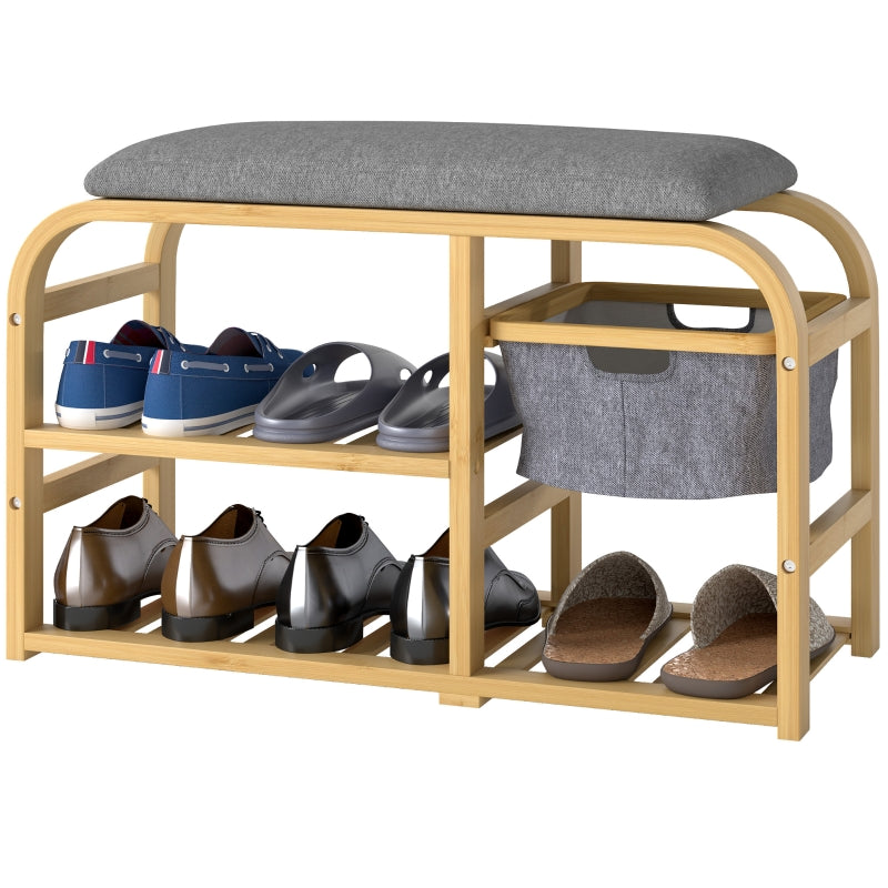 2-Tier Shoe Bench, Extendable Basket, 2 Shoe Shelves, Bamboo Grey