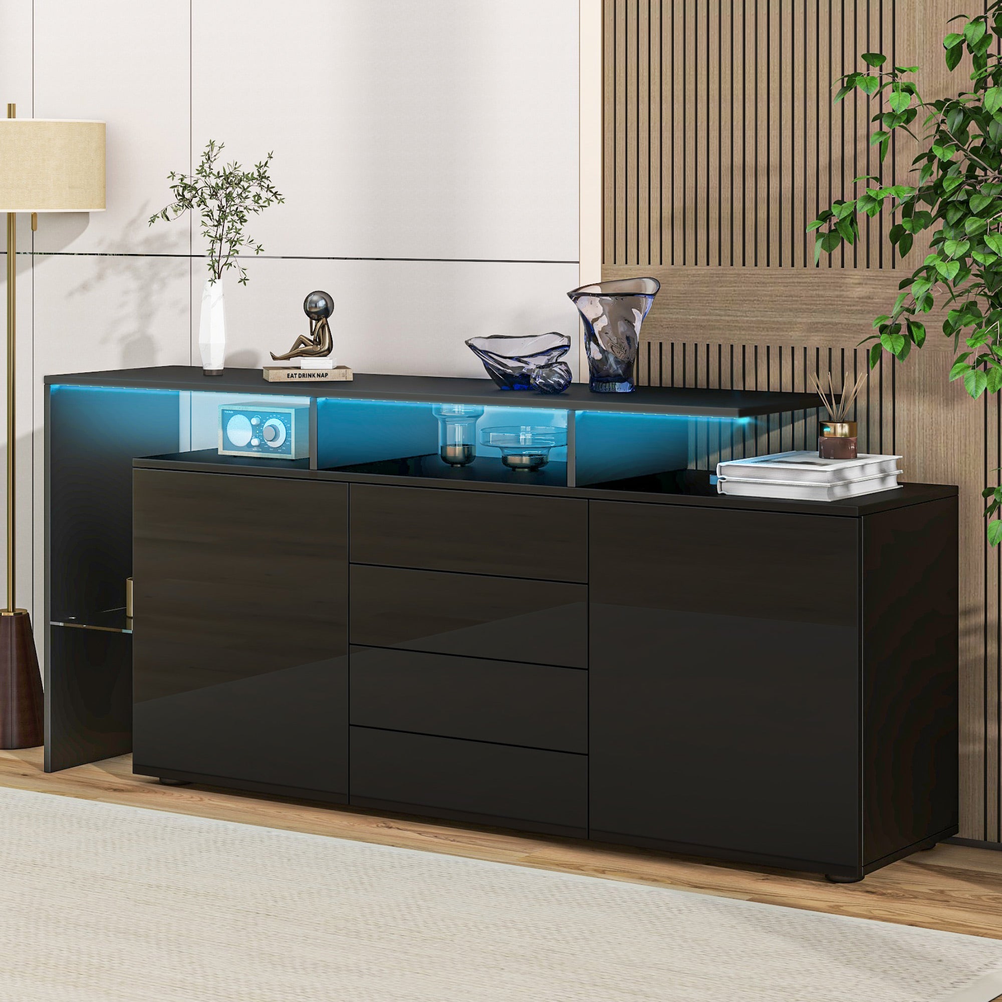 Highboard Sideboard with LED Lighting High-Gloss - Black