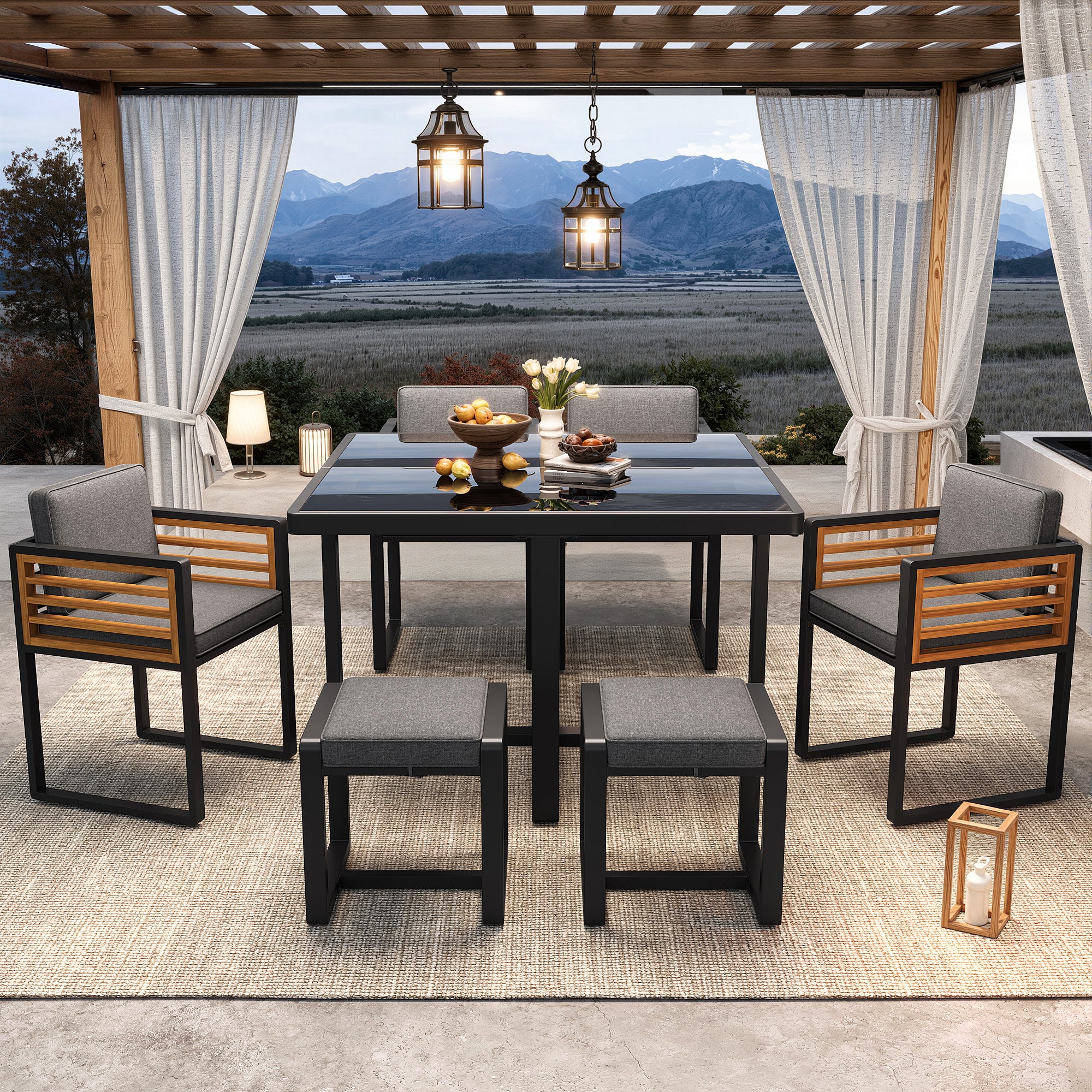 Garden Furniture Set with 6 Chairs and Table, Glass Tabletop