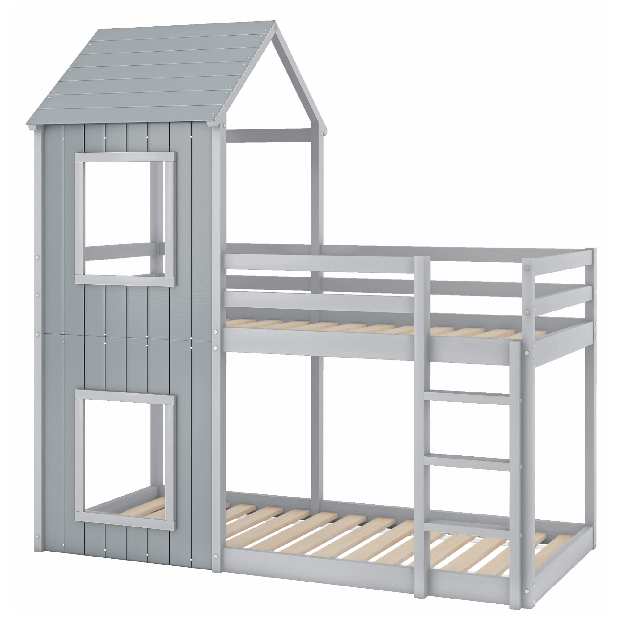 Bunk Bed, House Bed with Ladder & Canopy, Solid Wood, Grey