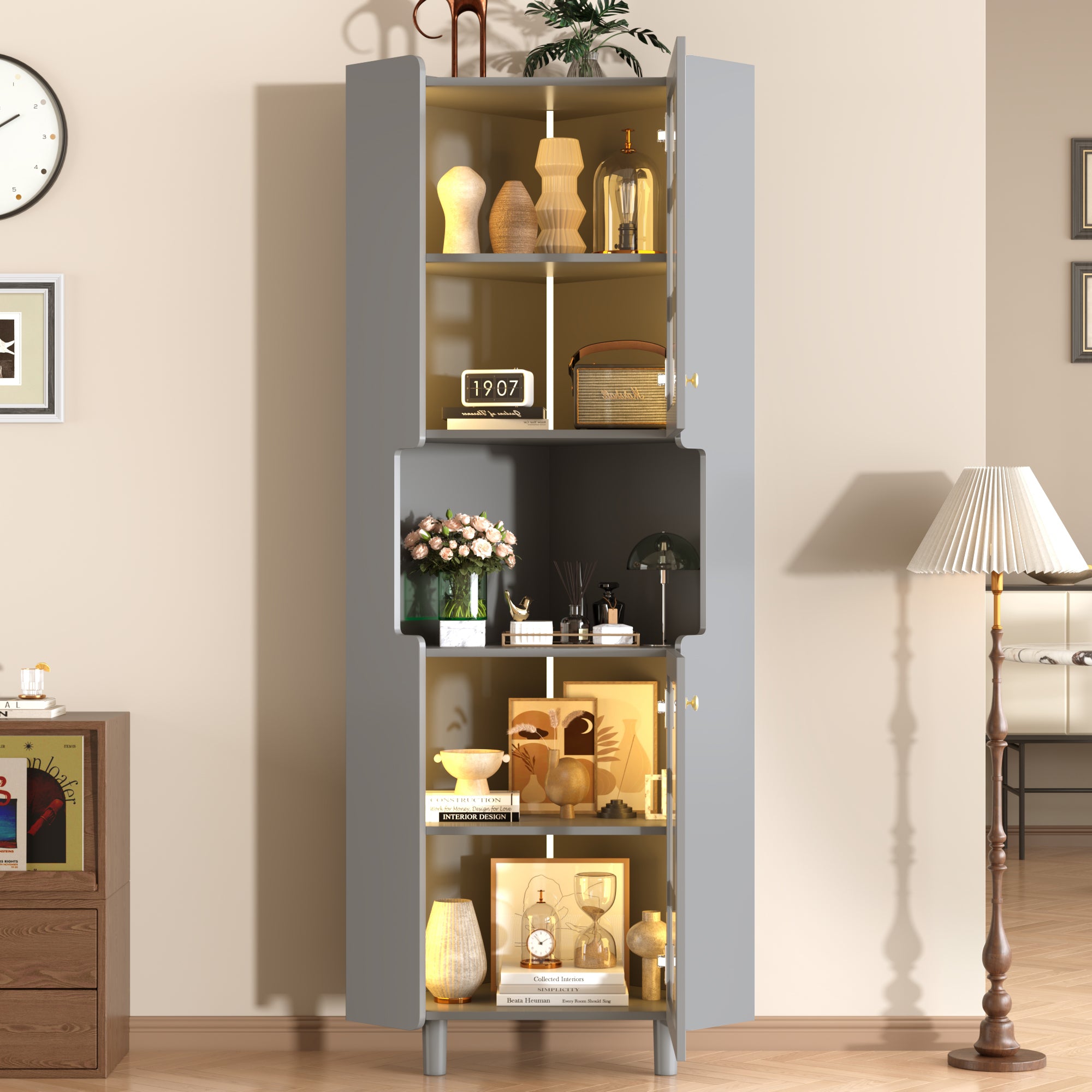 Corner Cabinet Multifunctional Storage LED Lacquer - Grey