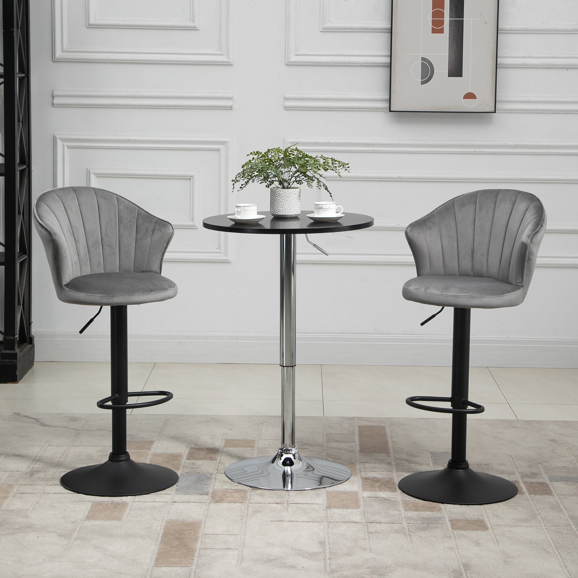 Set of 2 Bar Stools, Swivel Height-Adjustable with Backrest, Velvet Grey