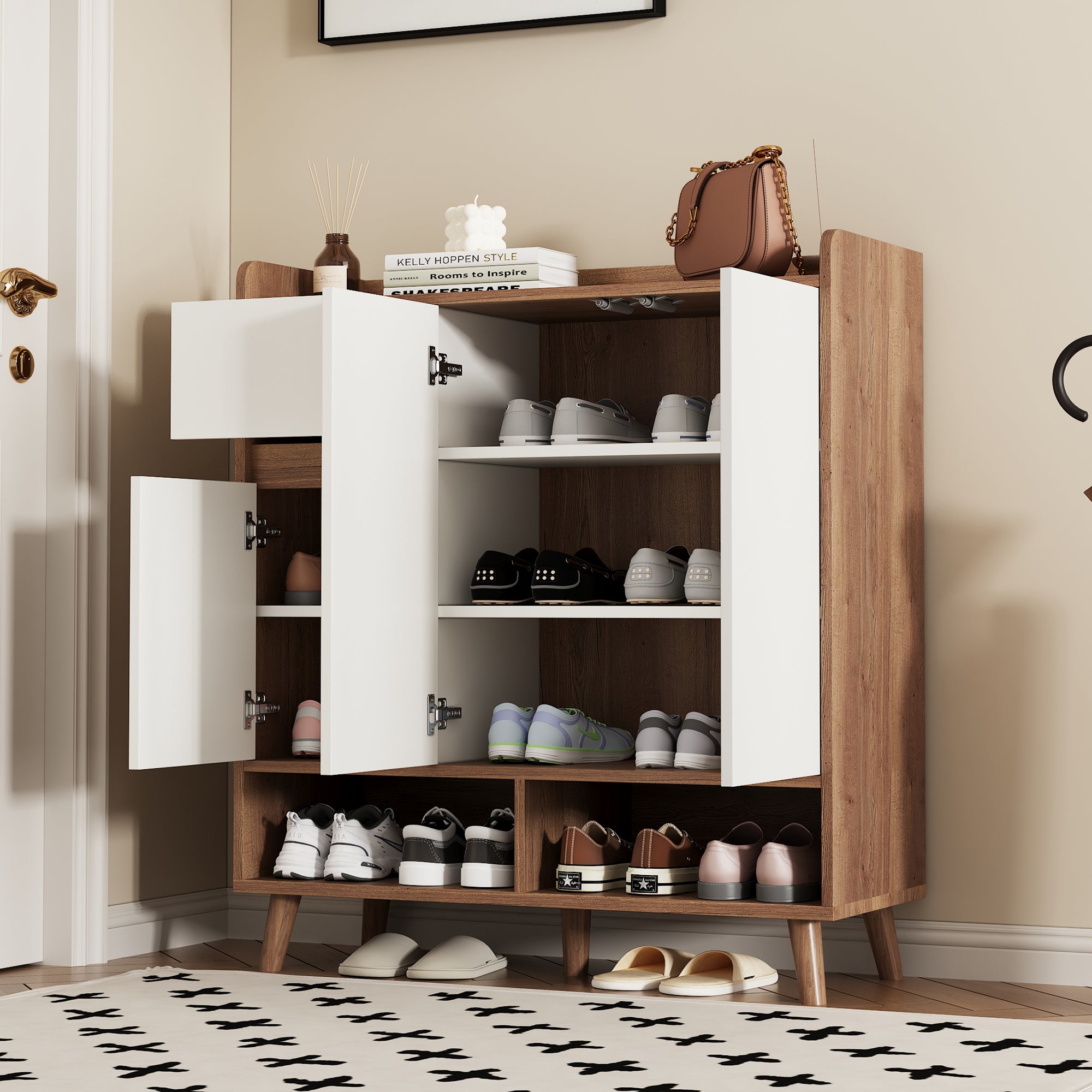 Chest of drawers with adjustable shelves, minimalist home organizer with solid wood legs