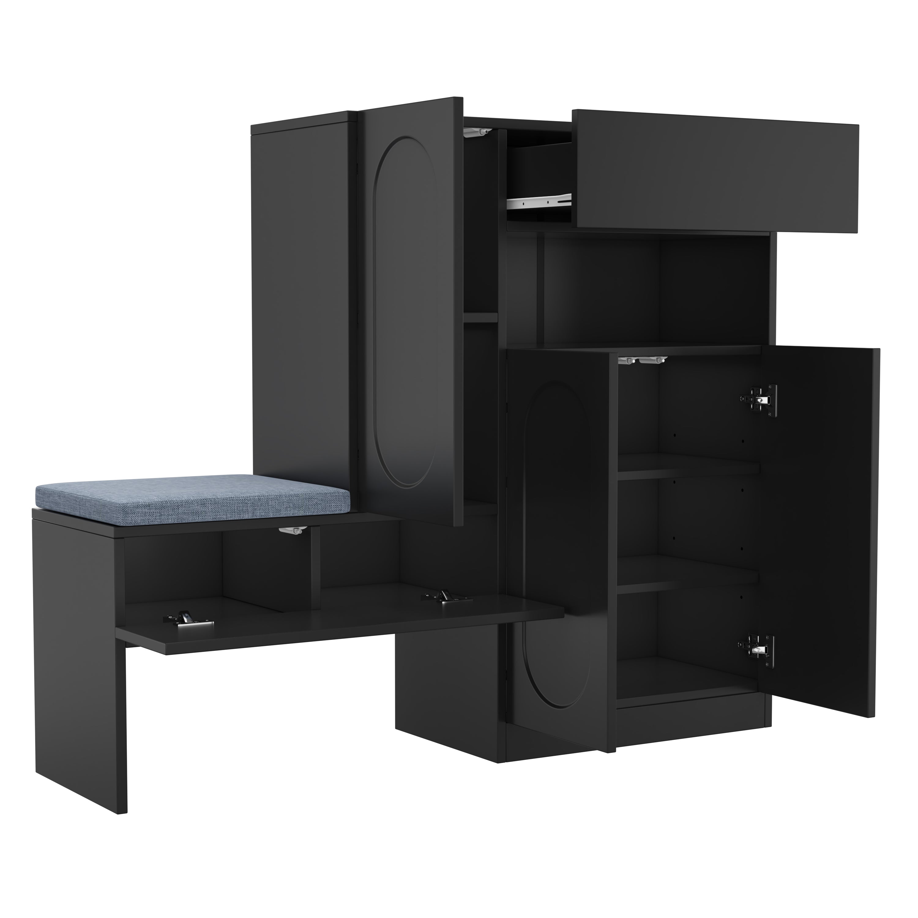 Trendy 2-in-1 Shoe Cabinet with Curved Doors, Soft-Close, Adjustable, Upholstered Bench, Black
