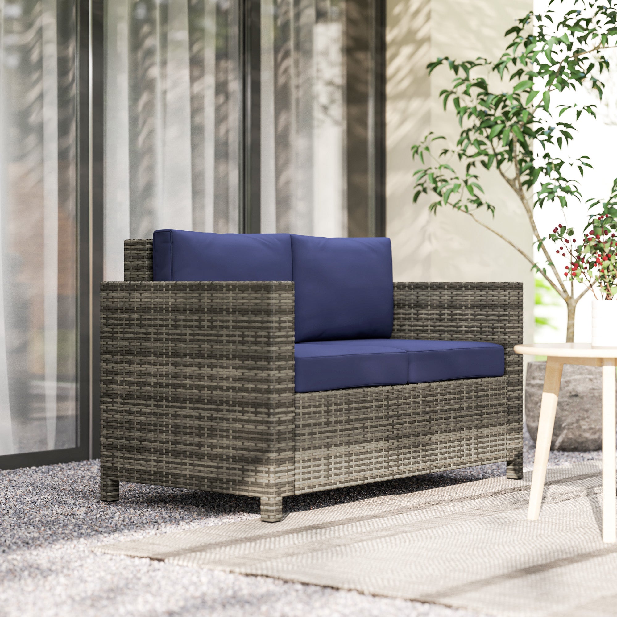 Rattan Sofa, 2 Seater Garden Loveseat with Soft Padded Cushion, Navy Blue