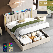 4ft6 Double Upholstered Bed Frame with Hydraulic Storage, LED Headboard & Charging Station, Beige Linen