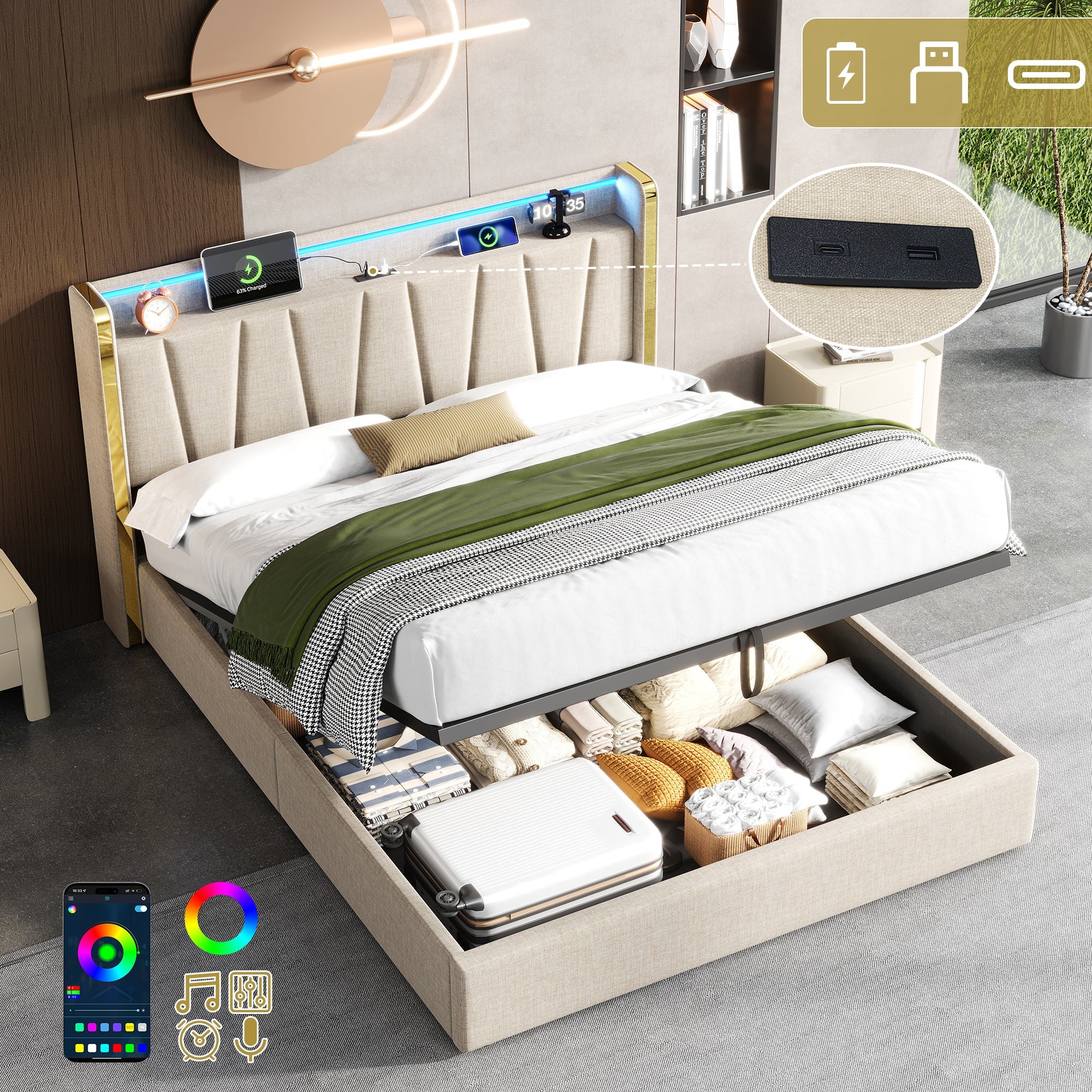 4ft6 Double Upholstered Bed Frame with Hydraulic Storage, LED Headboard & Charging Station, Beige Linen
