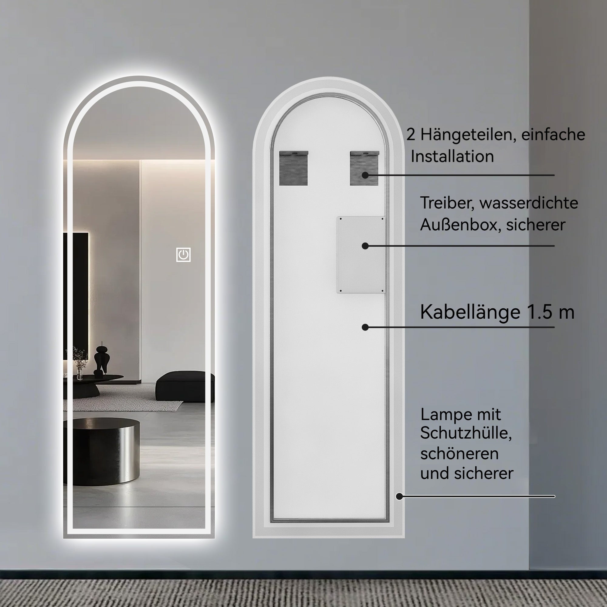 Arched Full-Length Mirror 165x50CM, LED Light, Dimmable 3-Color, Glass