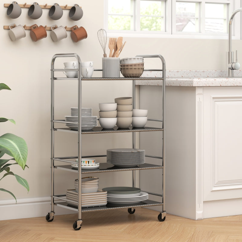 4 Tier Kitchen Storage Trolley Adjustable Shelves Stainless Steel, Silver