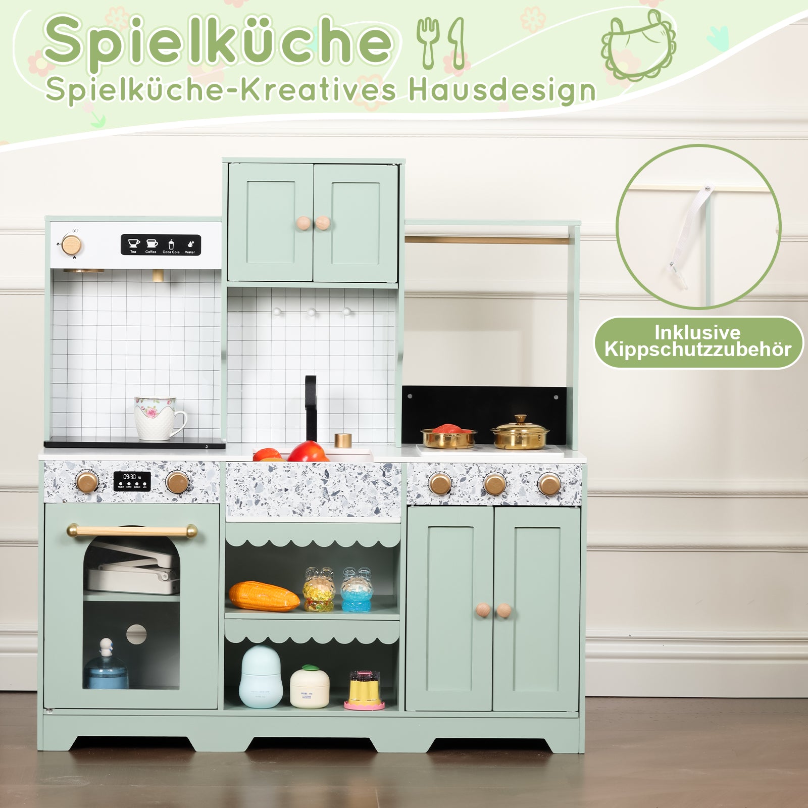 Children's Play Kitchen with Accessories and Creative Design, Green Wood and Plastic