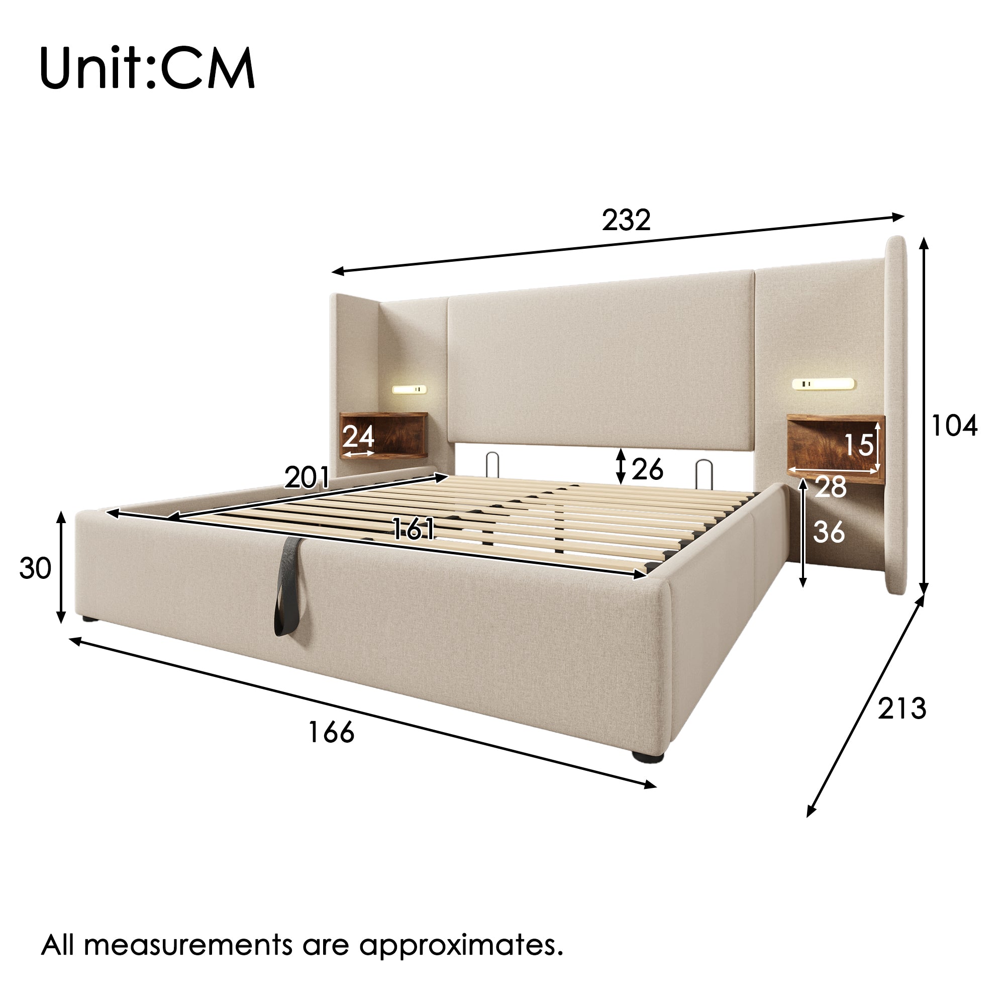 Upholstered Double Bed 160x200, with Bedside Table, Reading Lamp, USB-C, Storage, Solid Wood & Metal Frame, Beige Linen