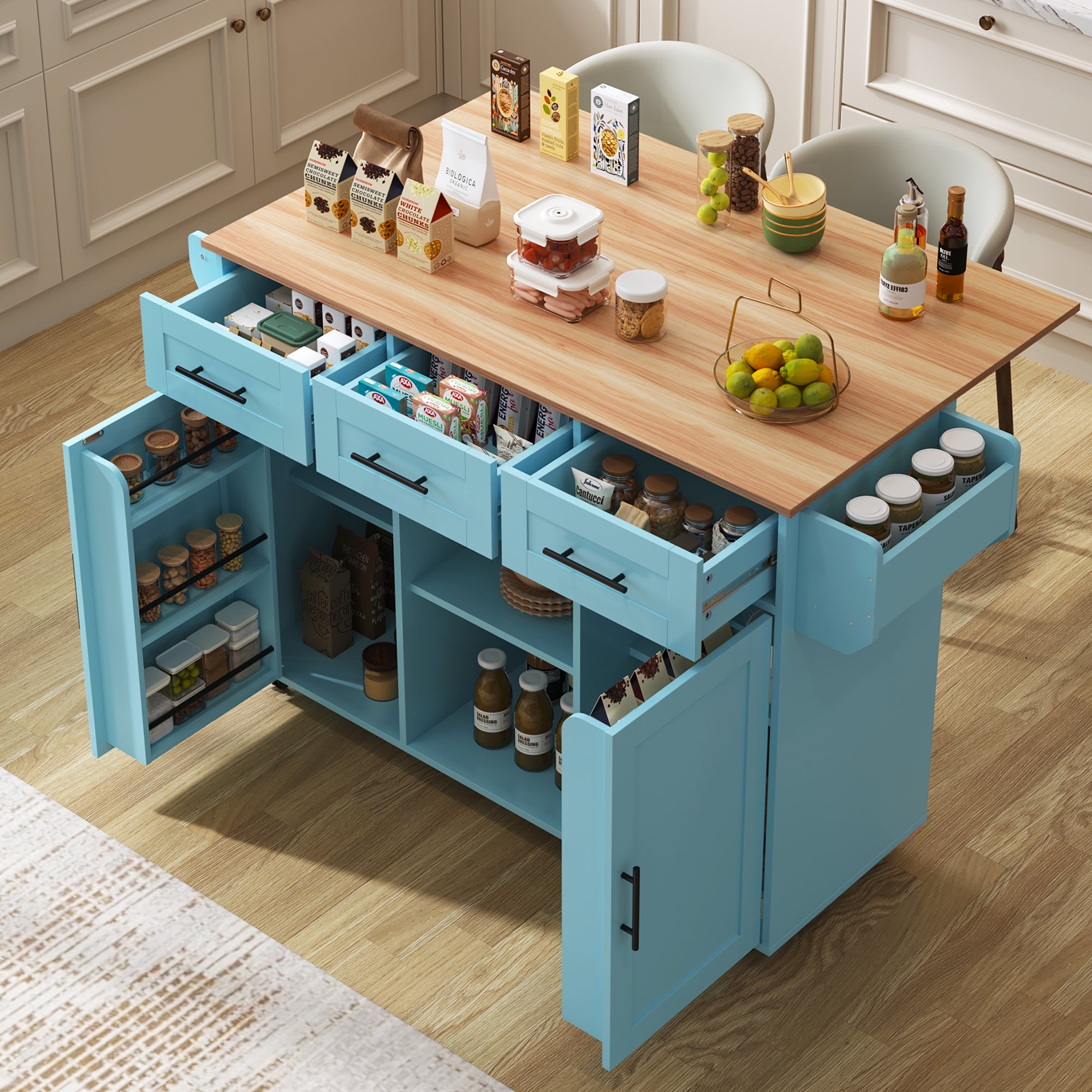 Dining Trolley Sideboard with Fold-Down Worktop and Casters, Blue and Solid Wood Grain