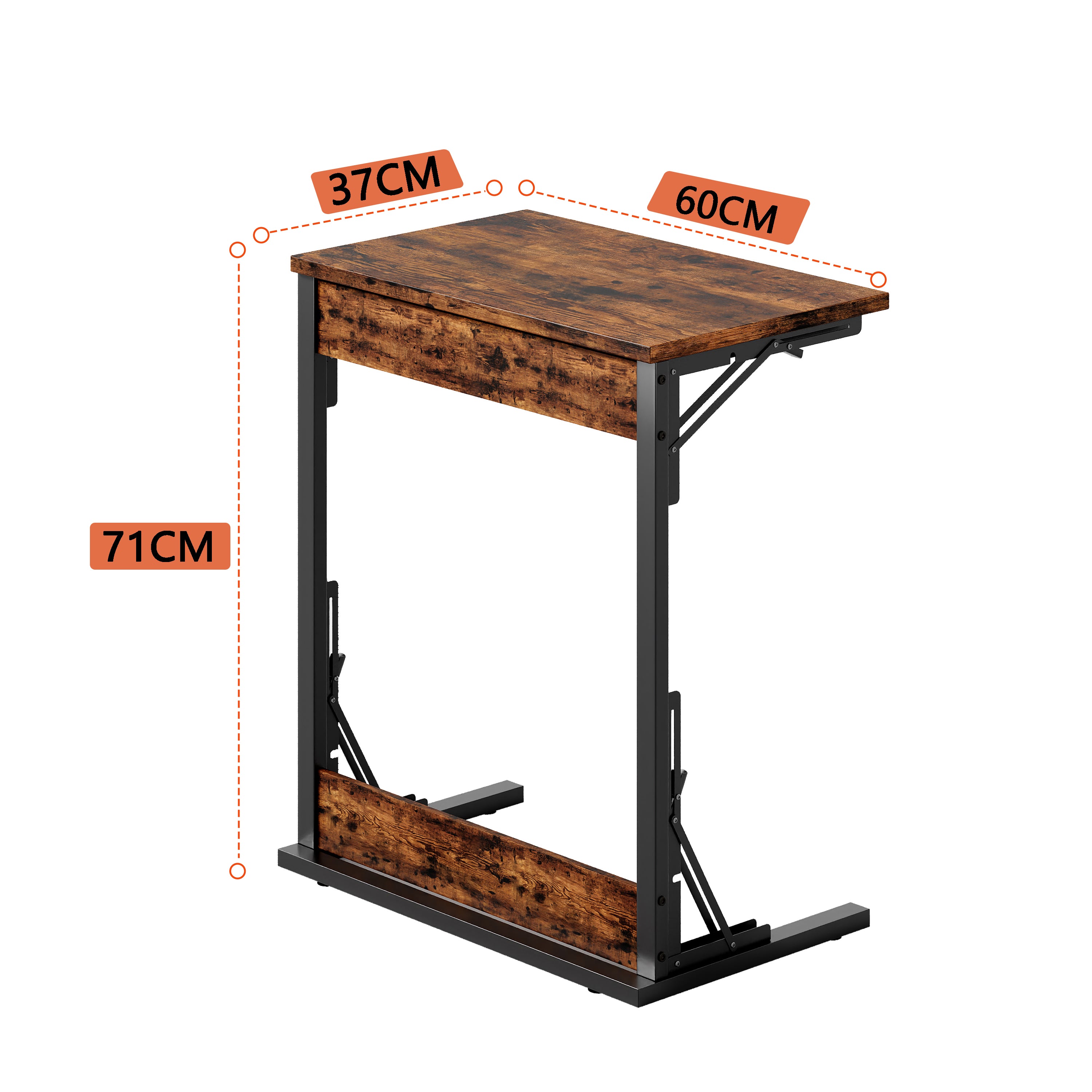 C-shaped Side Table Foldable Metal Frame Adjustable Feet TV Tray - Brown