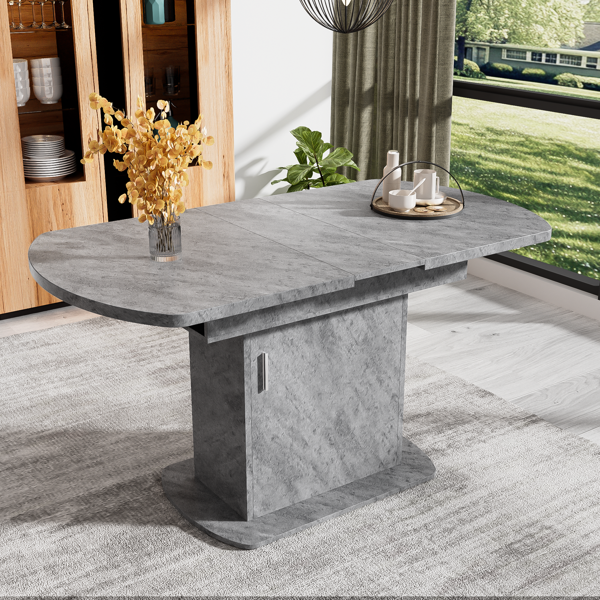 Extendable Oval Dining Table 110/130cm, Space-Saving, Storage Function, Cement Grey + Silver Handles