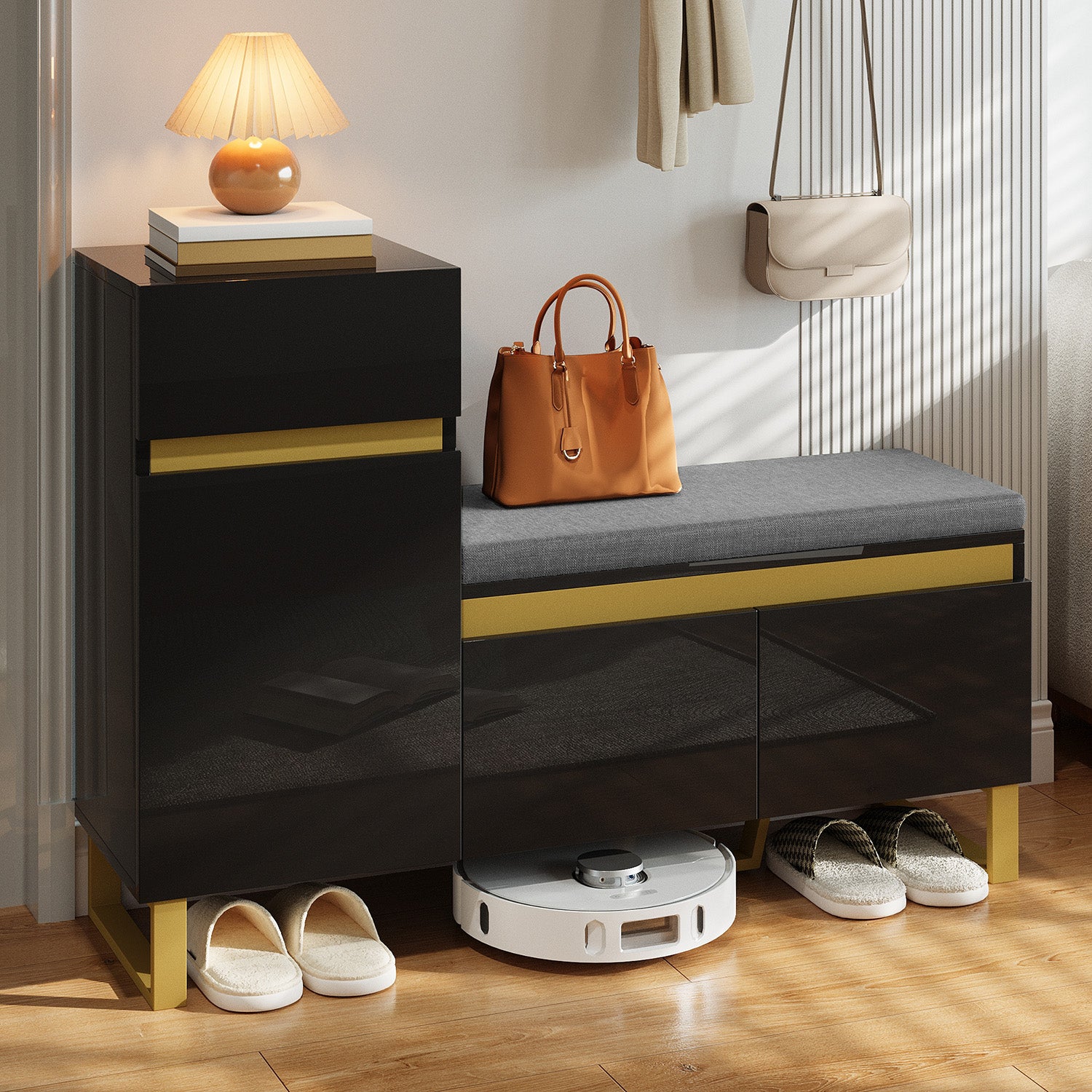 Shoe Cabinet, Large Capacity Multi-Tier Storage with Drawers and Doors, Black MDF