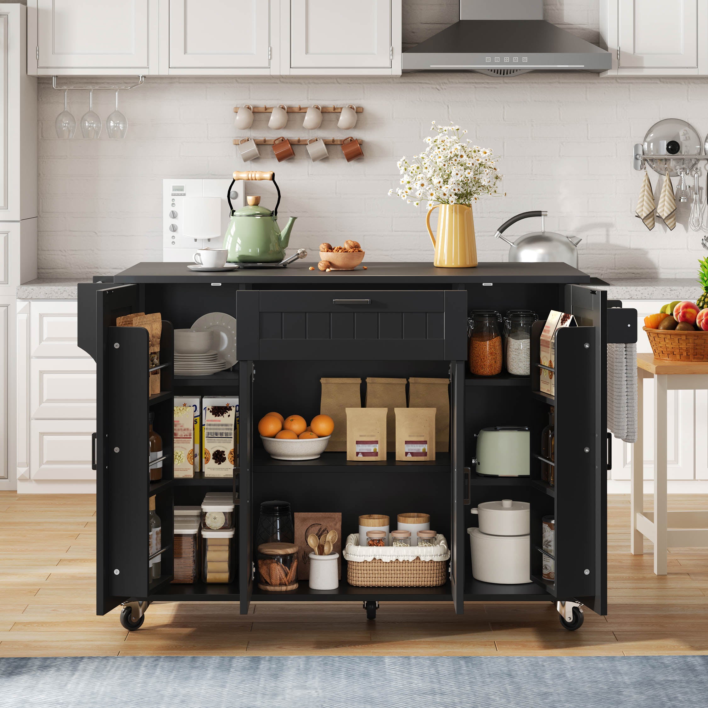 Mobile Kitchen Island with Folding Worktop and Storage Cabinet 4 Doors Black