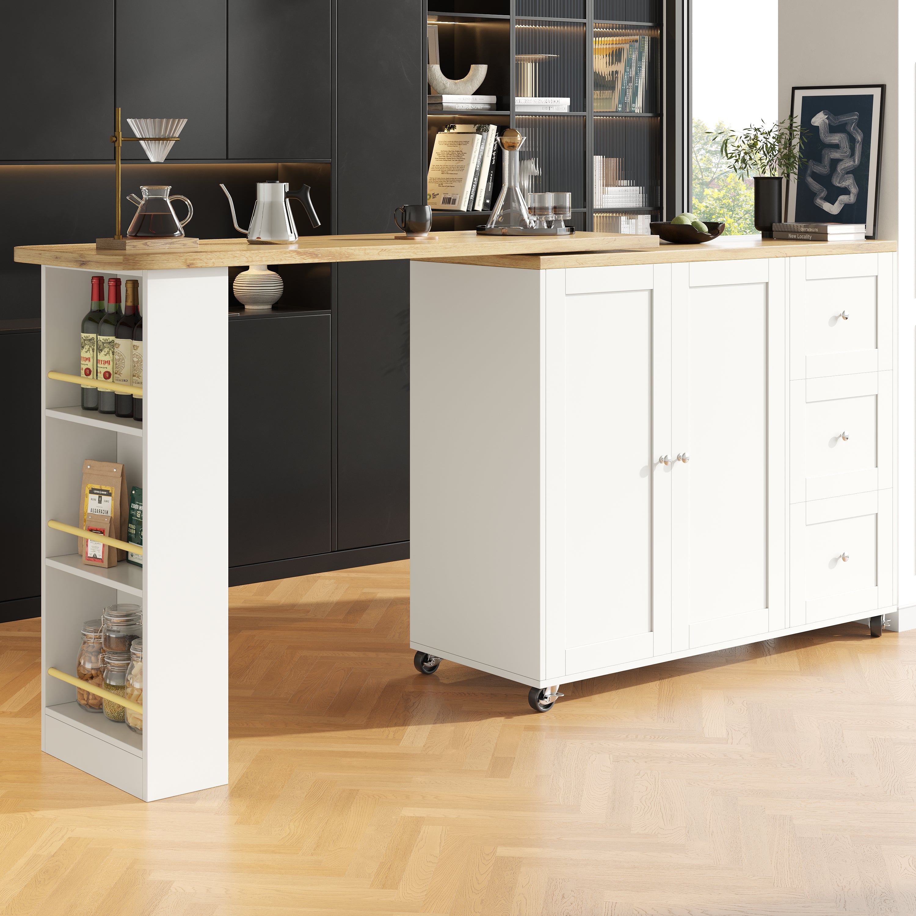 Dining Table 360° Swivelling, Bar Table, Storage Island with Drawers & Snack Rack, White