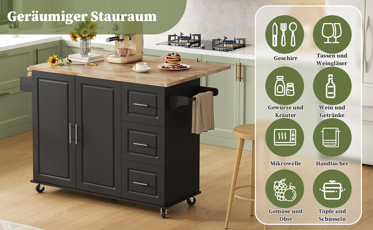 Mobile Kitchen Table with Foldable Worktop and 3 Drawers, Oak Look