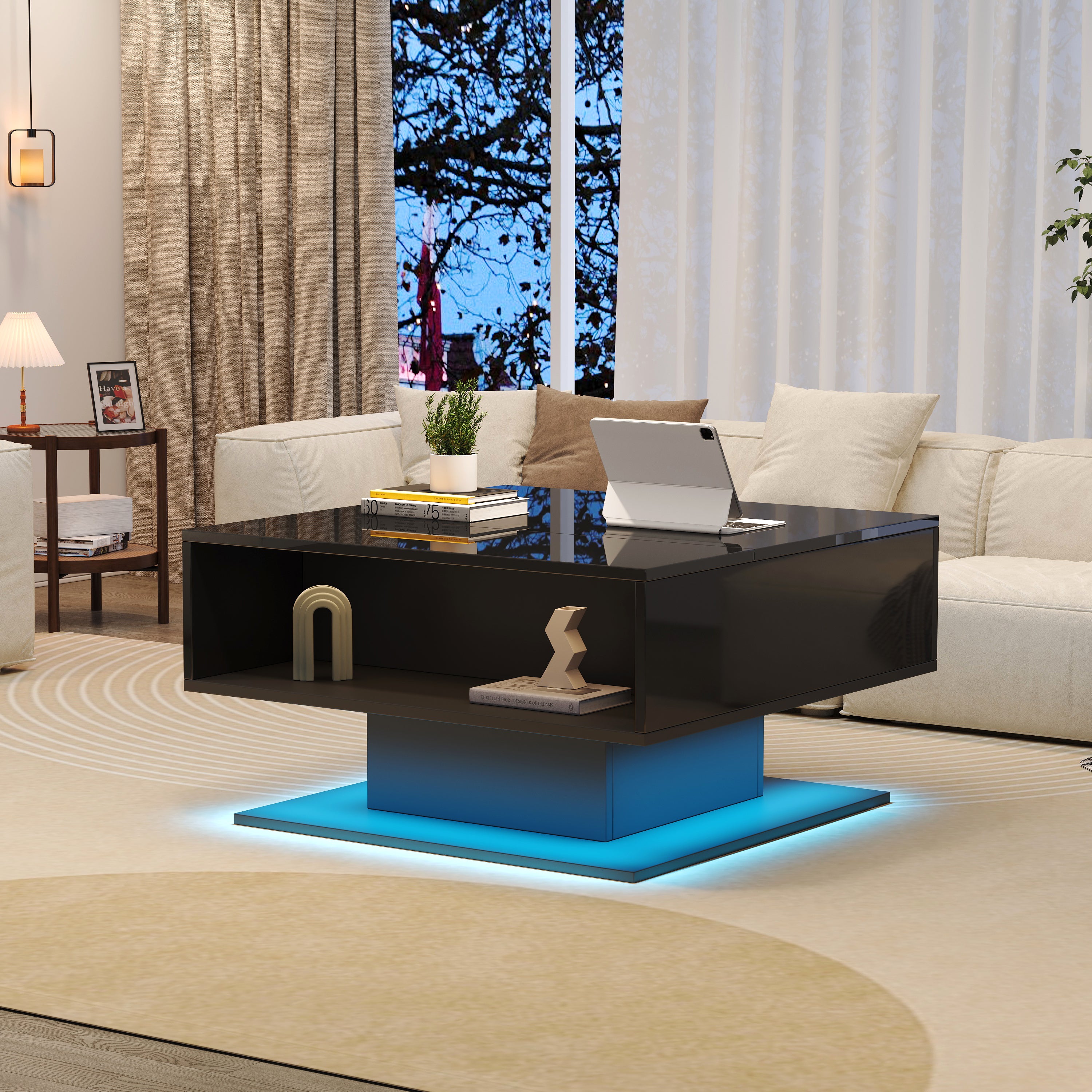 Coffee Table with Hydraulic Lift, High-Gloss, Storage, Black