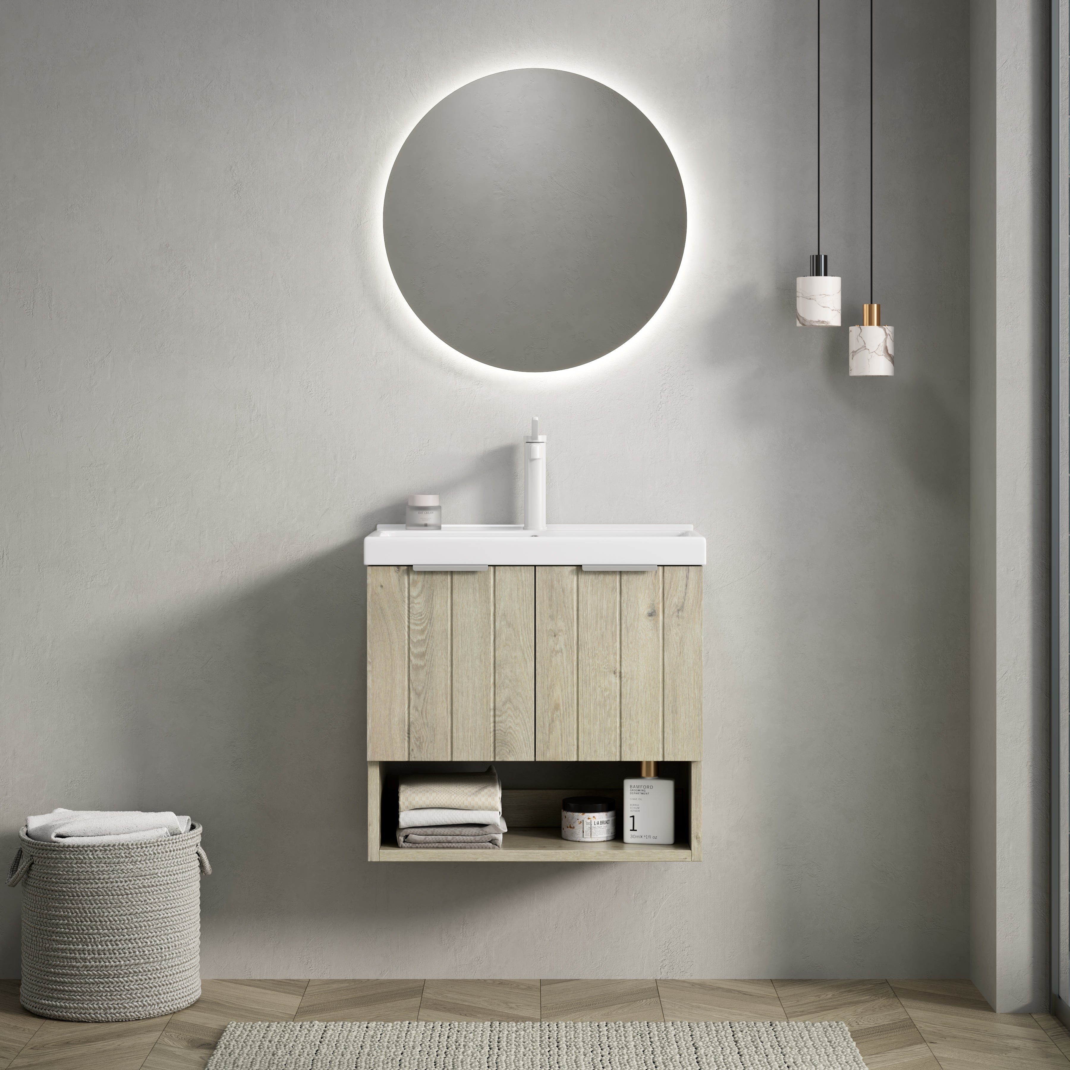 KAIRO 55cm Wall-Mounted Bathroom Vanity Unit with White Ceramic Basin & Striped Cabinet, Oak Cream Wood Grain