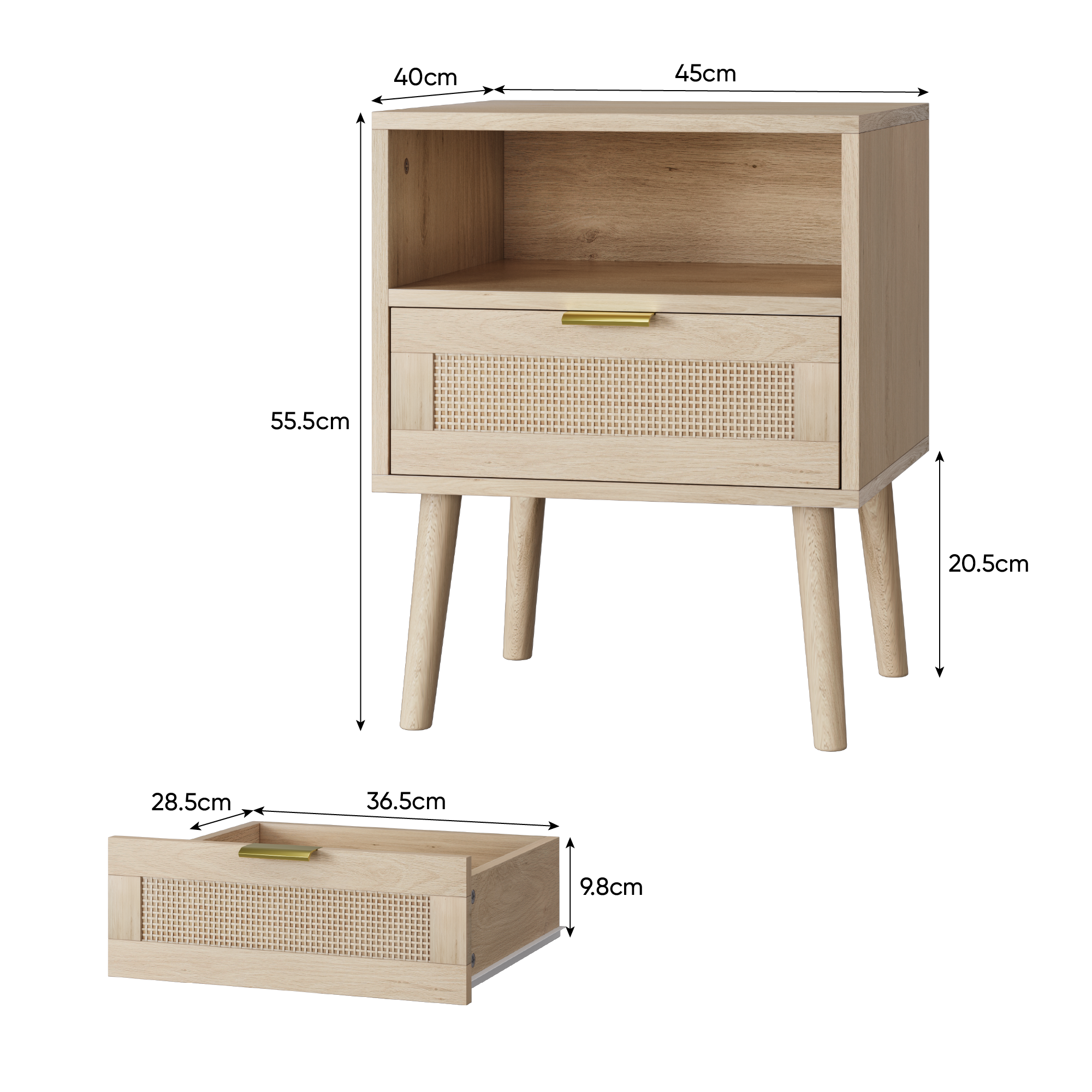 Bedside Table Open Shelf Gold Handle 45x40cm Vine