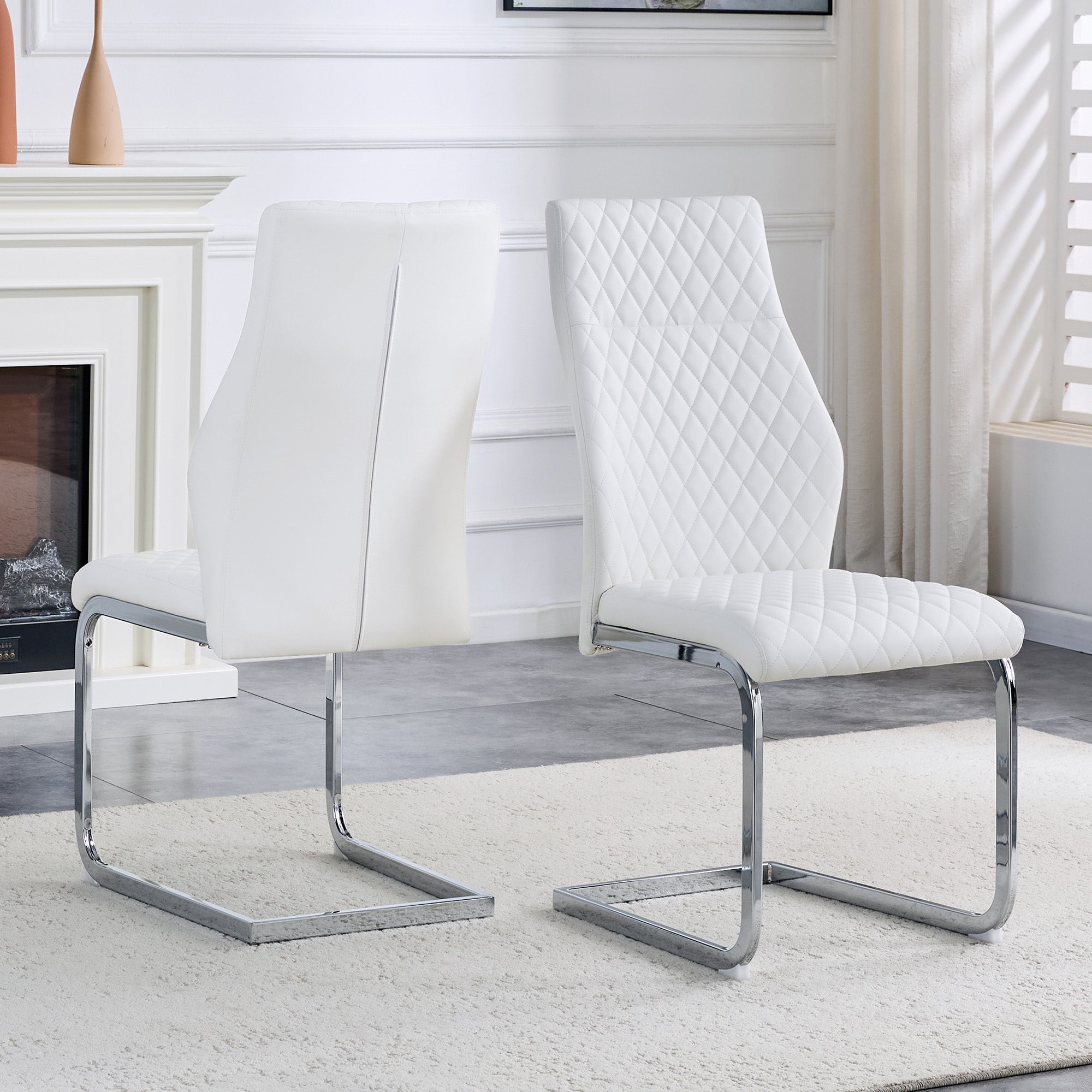 Dining Chair Set of 2 with High Backrest and Padded Seat, White PU Leather and Silver Metal