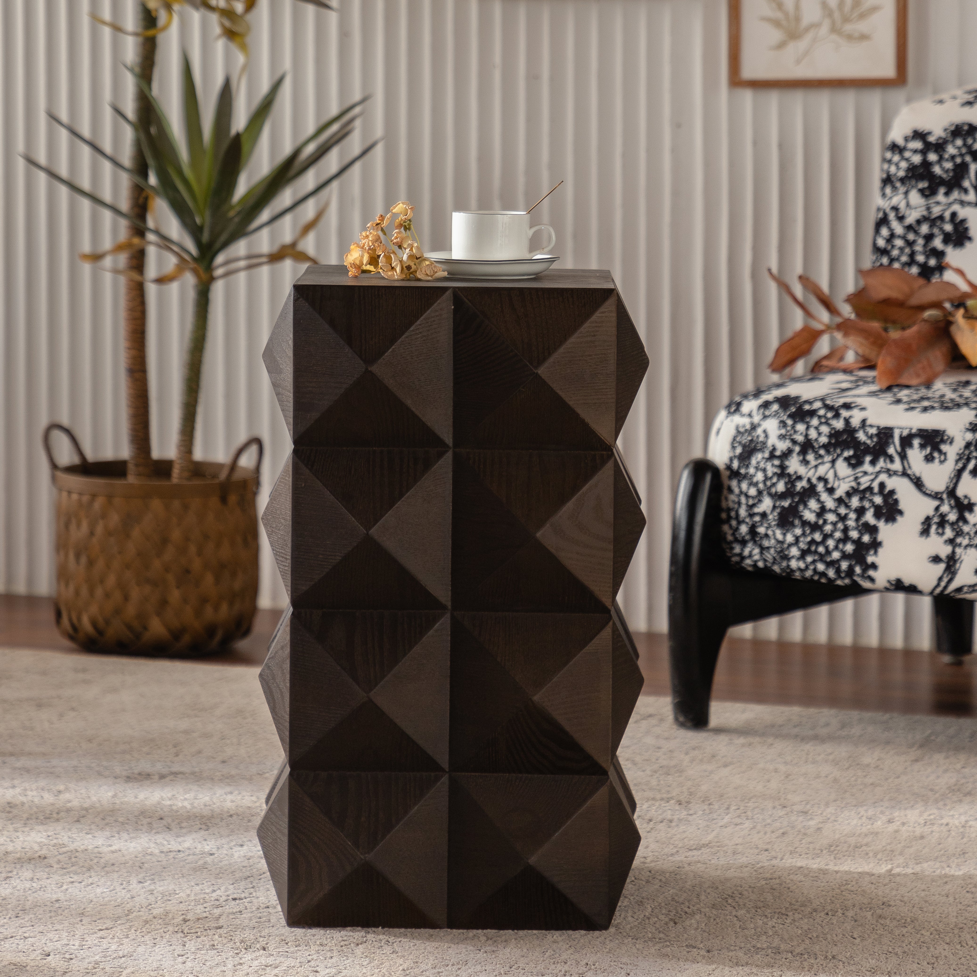 60cm height three-dimensional embossed pattern design retro side table retro wooden nightstand brown