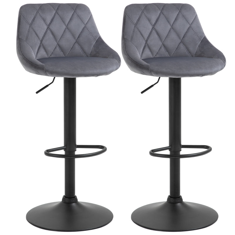 Set of 2 Bar Stools, Adjustable Swivel with Backrest & Footrest, Dark Grey Velvet Look