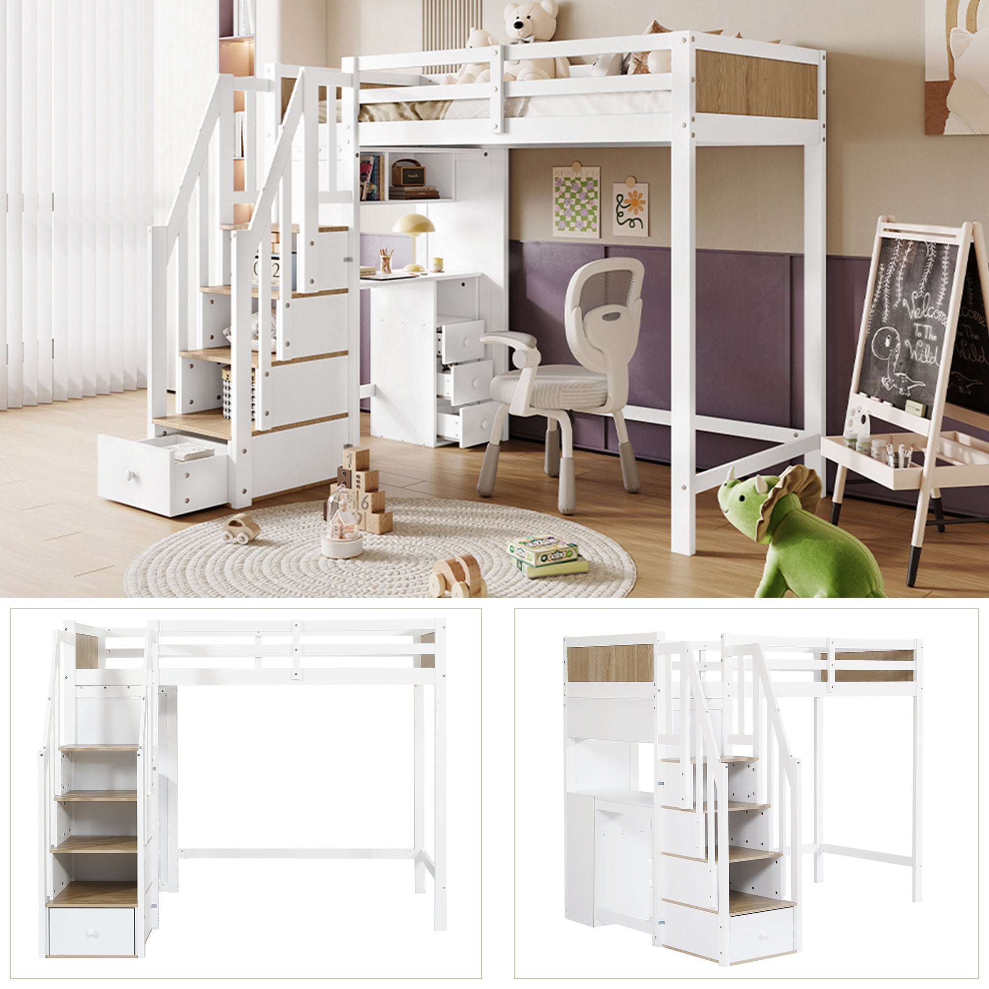 Bunk Bed with Safety Gate, Desk & Storage, Pine+MDF White+Natural