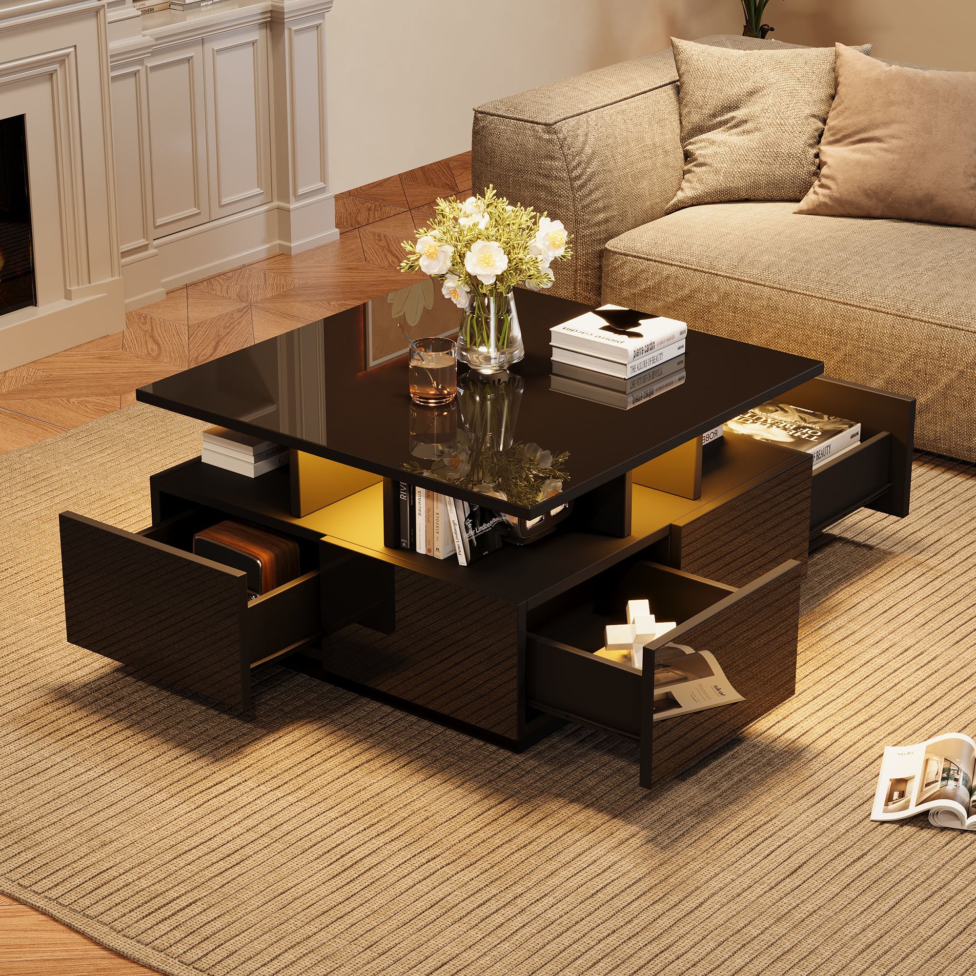 Coffee Table, High-Gloss LED with 4 Drawers, Geometric Design, Black