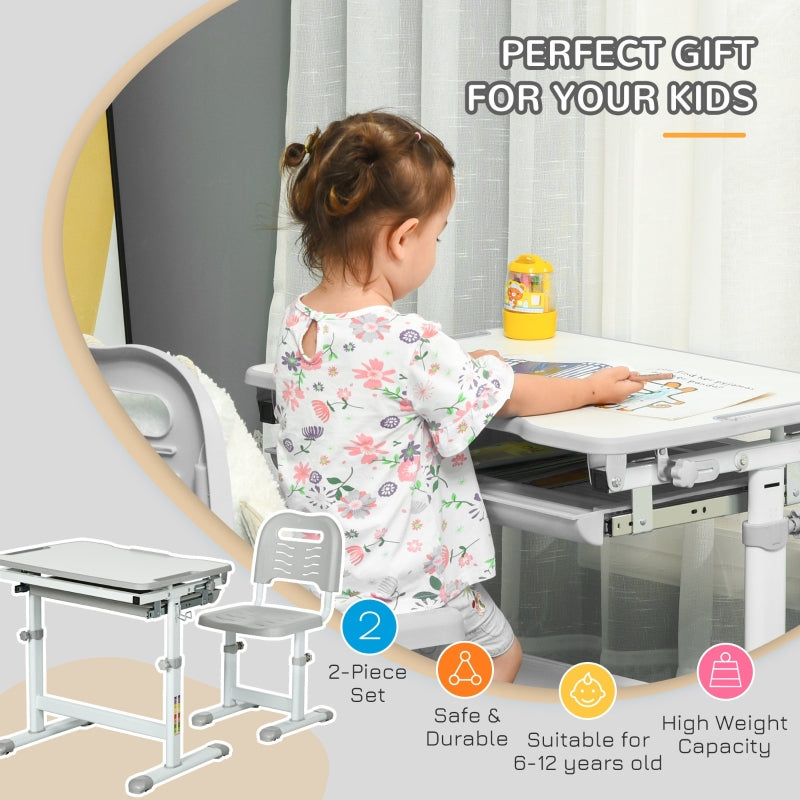 Kids Desk and Chair Set, Adjustable Writing Desk with Drawer and Hook, Grey