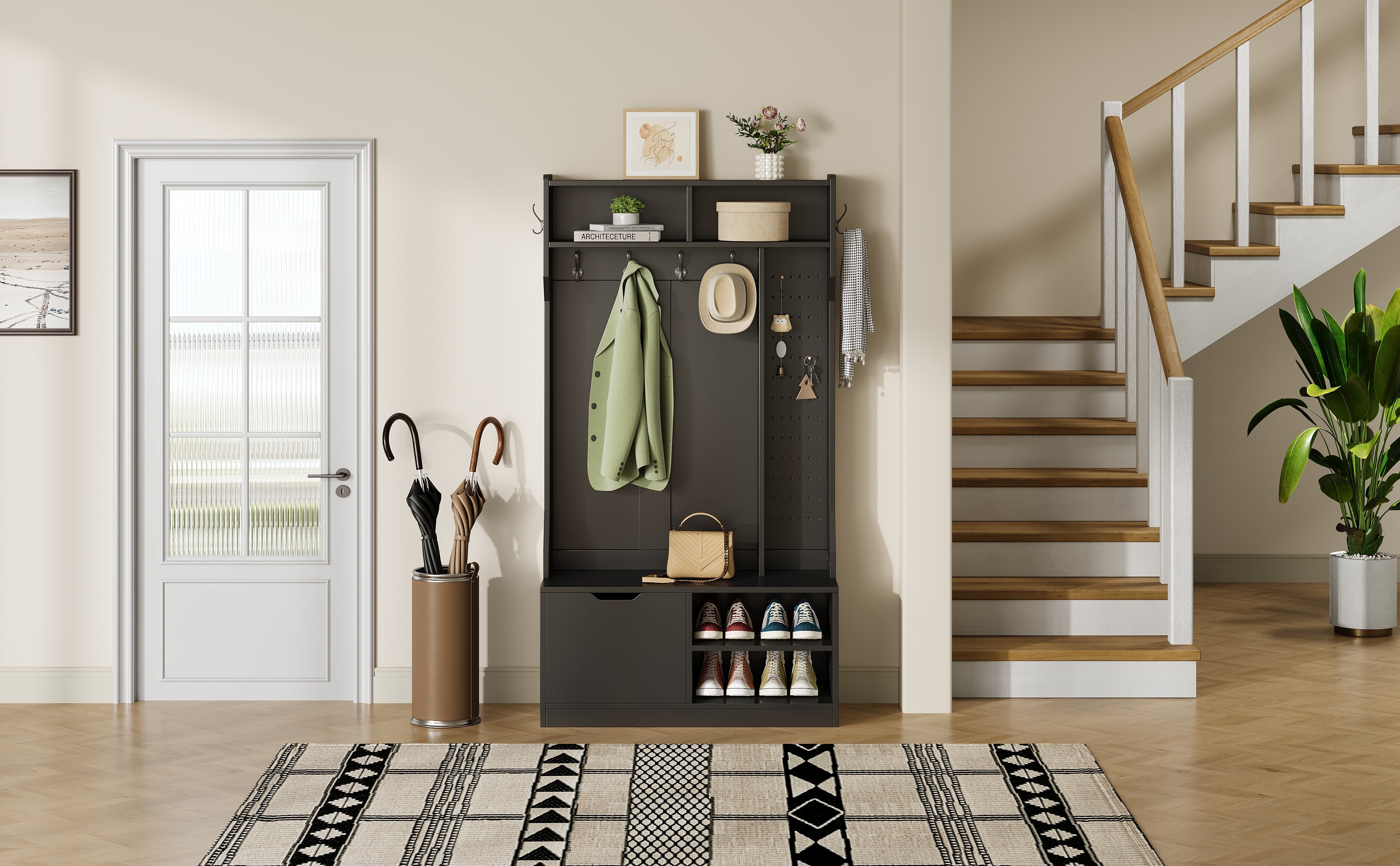 Wardrobe Set Hallway Bench Storage 6 Hooks Black