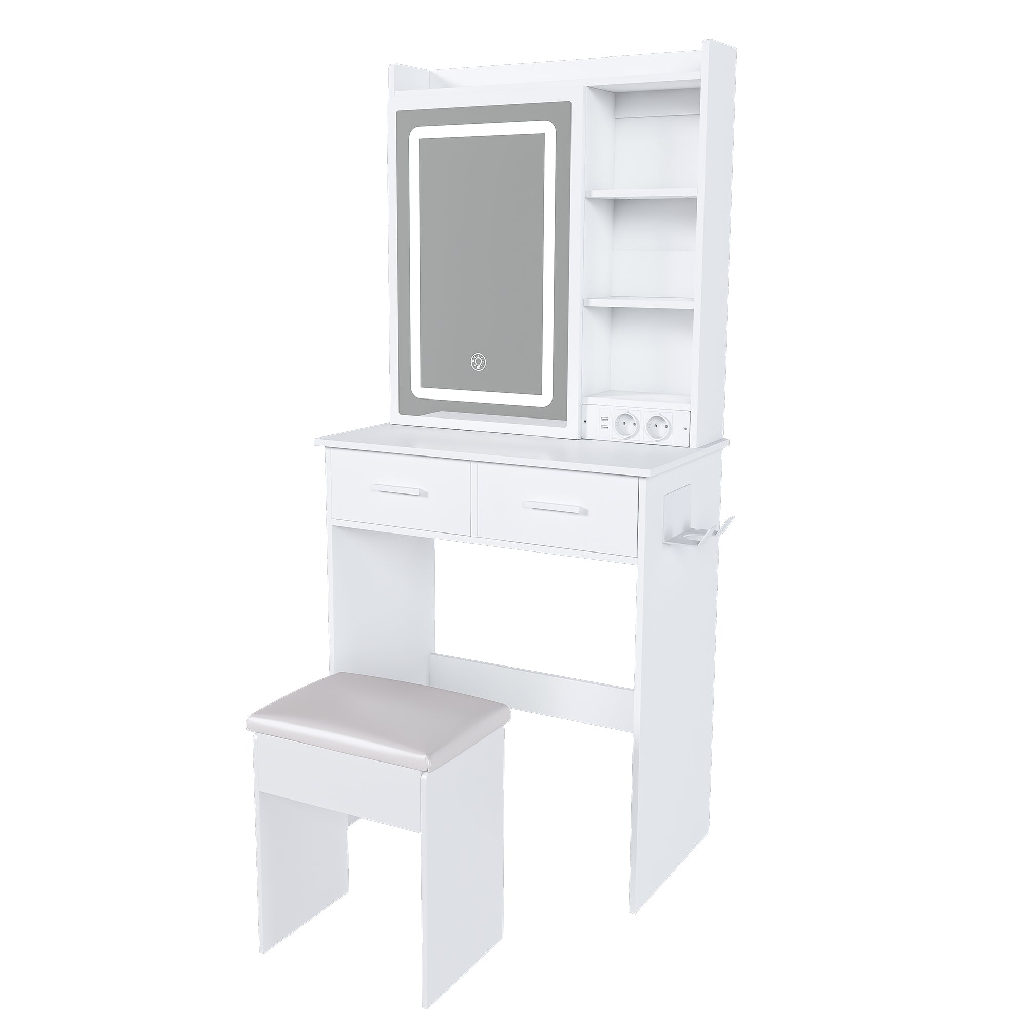 Dressing Table, Small with LED Mirror, Stool, Hidden Storage, White
