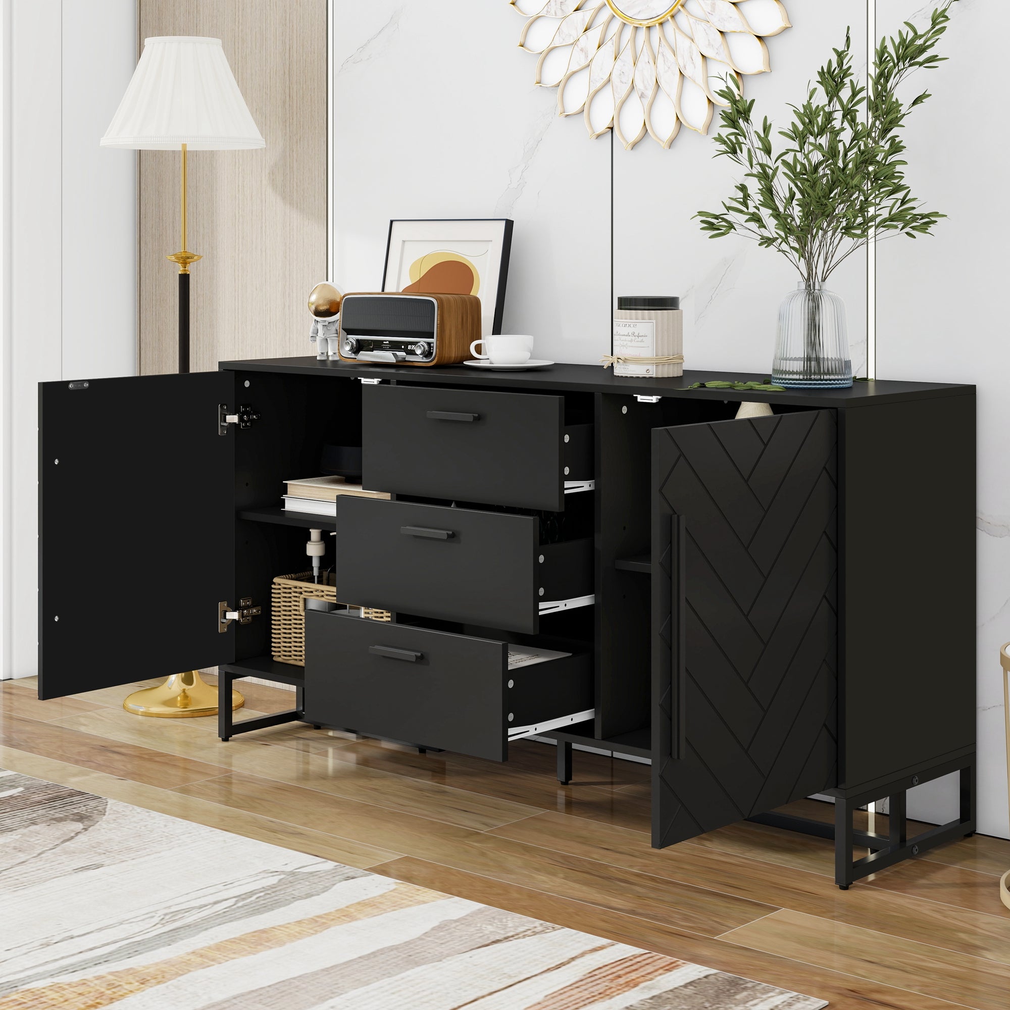 Sideboard Herringbone Pattern 2 Doors 3 Drawers Black