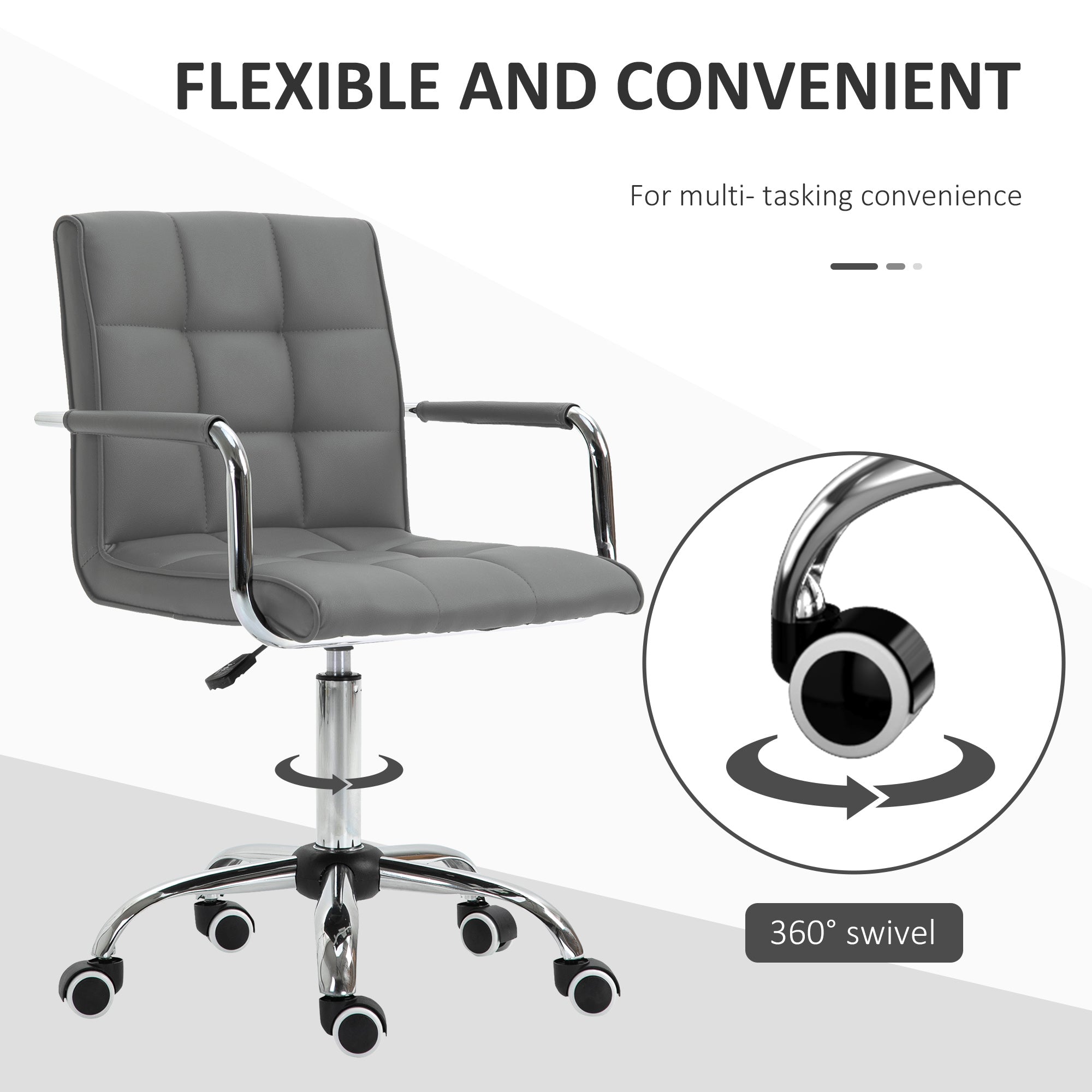 Home Office Desk Chair, Mid Back Swivel Adjustable Height, PU Leather Grey