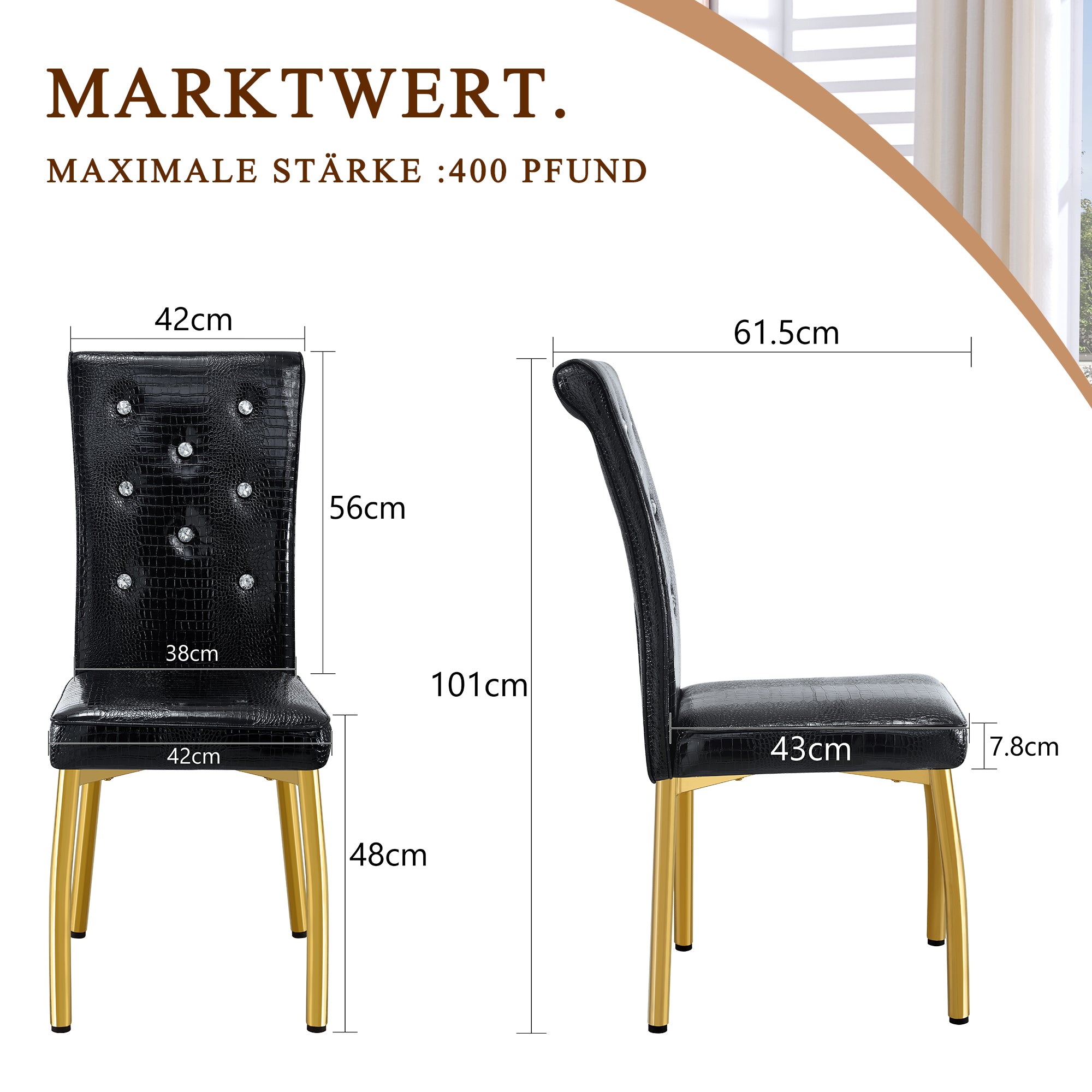 Dining Chairs, Set of 2 Retro Alligator-Skin Upholstered with Crystal Buckle Design, Gold-Plated Metal Legs, Faux Leather